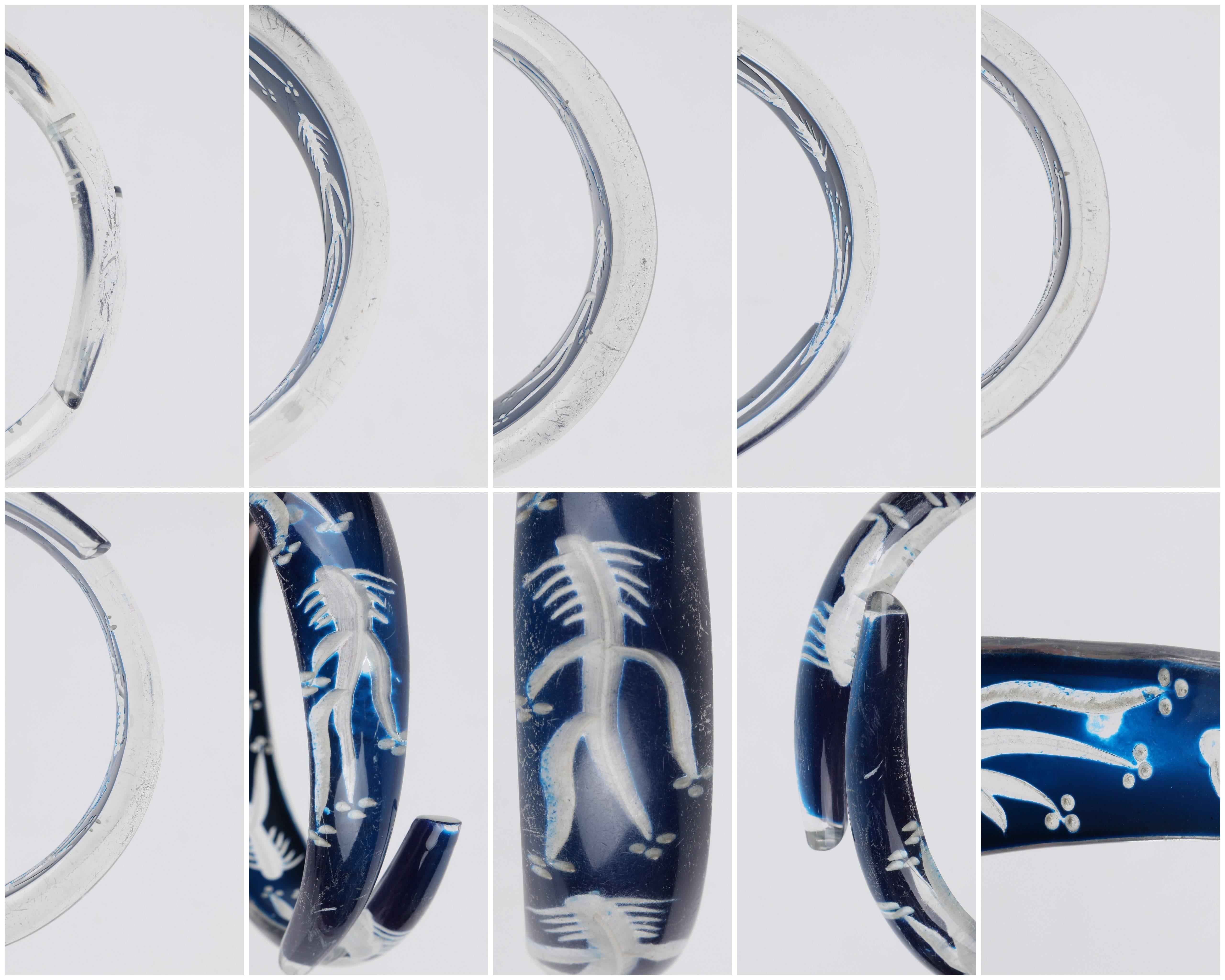 Bracelet jonc en forme d'os de poisson sculpté à la main en plastique bleu et lucite, vers les années 1930-1940 en vente 4