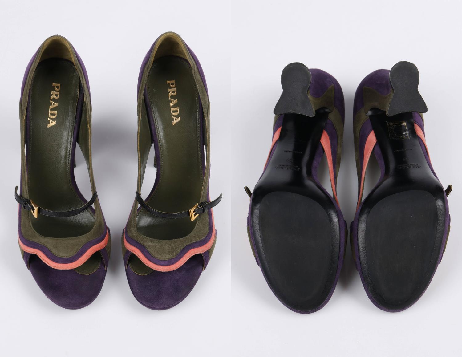prada suede block heel pumps