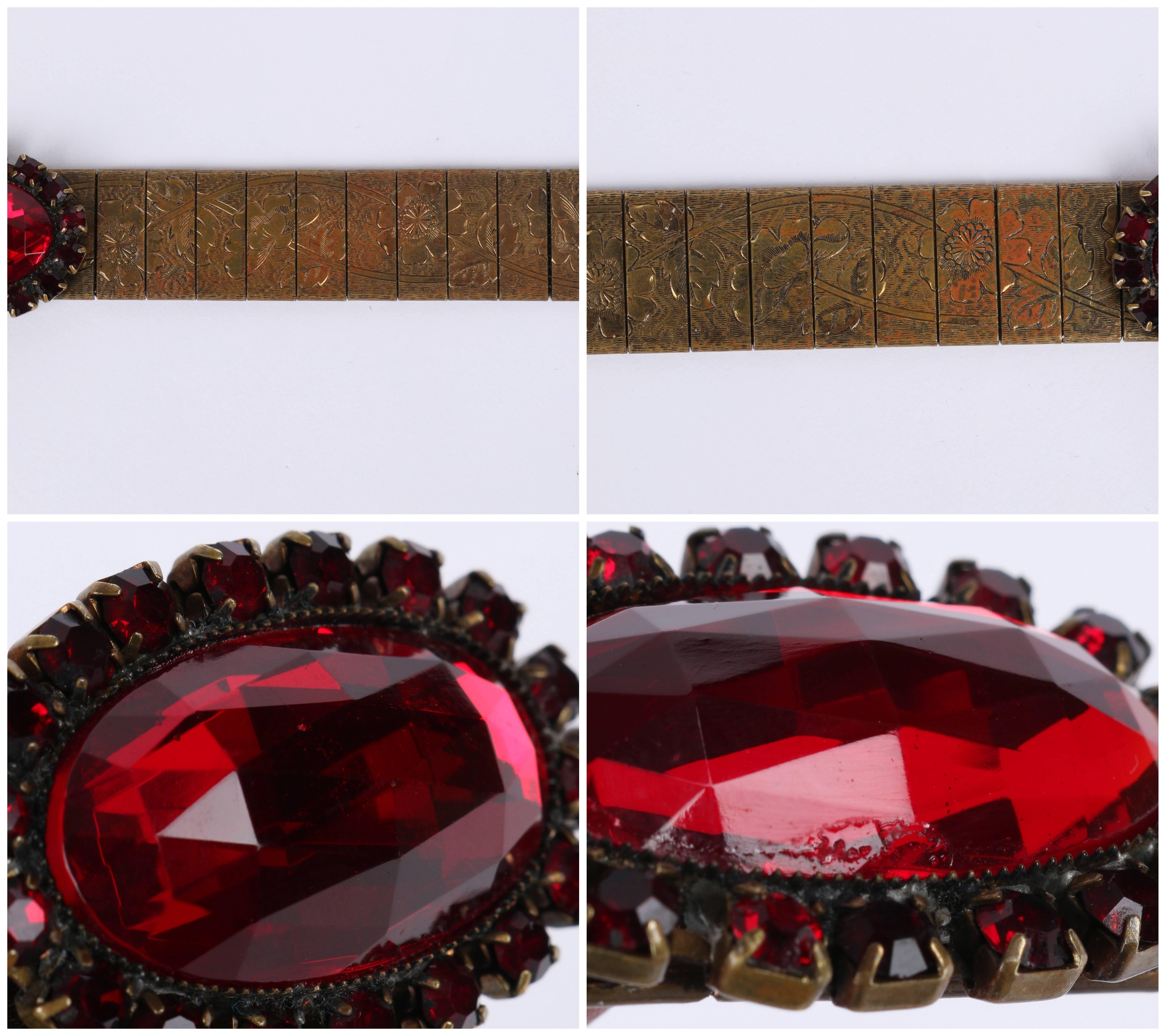 VICTORIAN REVIVAL c.1930's Bronze Mesh Floral Link Faceted Ruby Red Jeweled Belt 5