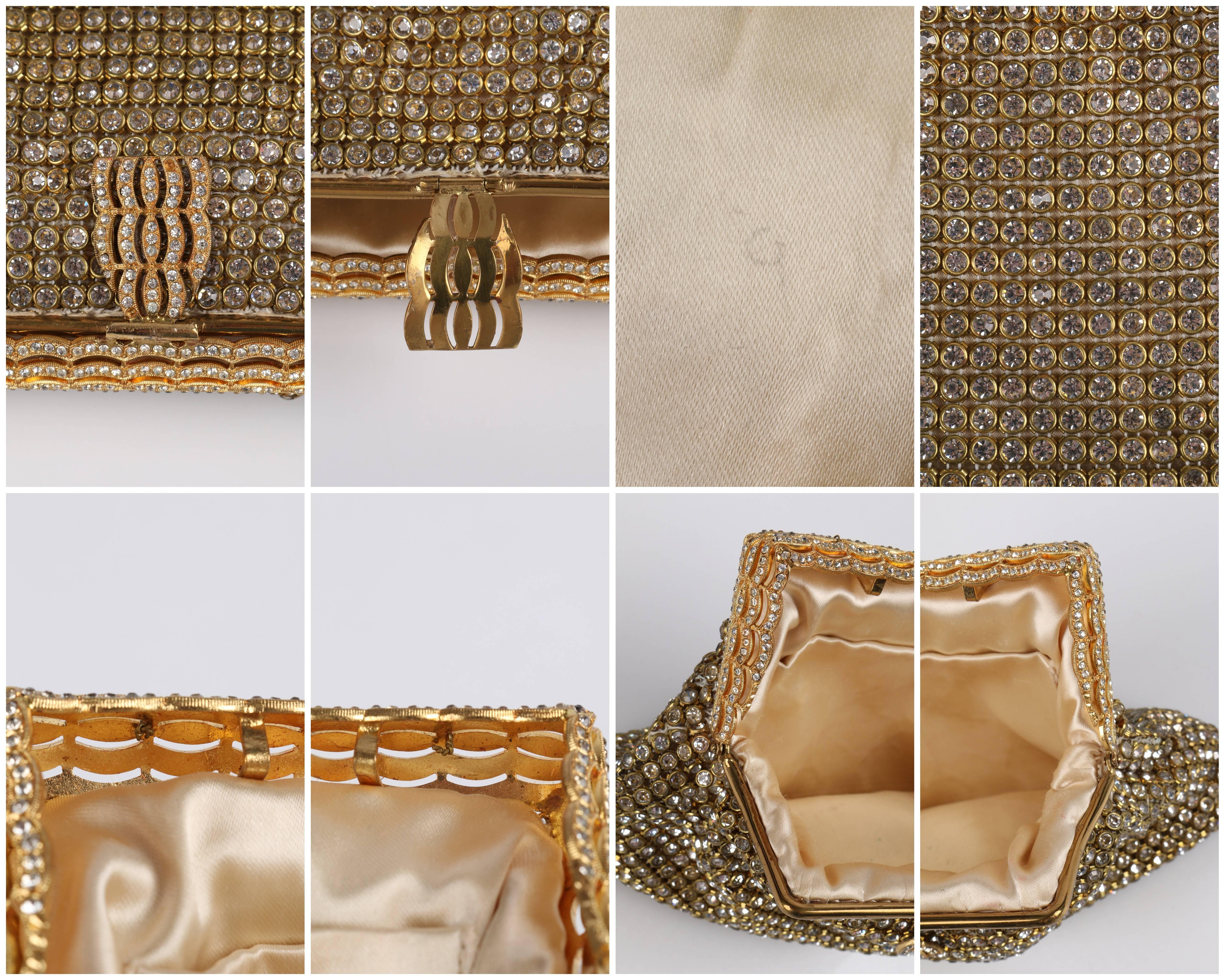 Brown c.1950's Gold Rhinestone Mesh Scalloped Edge Detail Evening Bag Clutch Purse