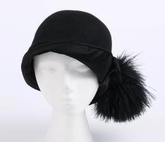 BELART Paris c.1920's Black Wool Felt Satin Feather Pom Pom Flapper Cloche Hat