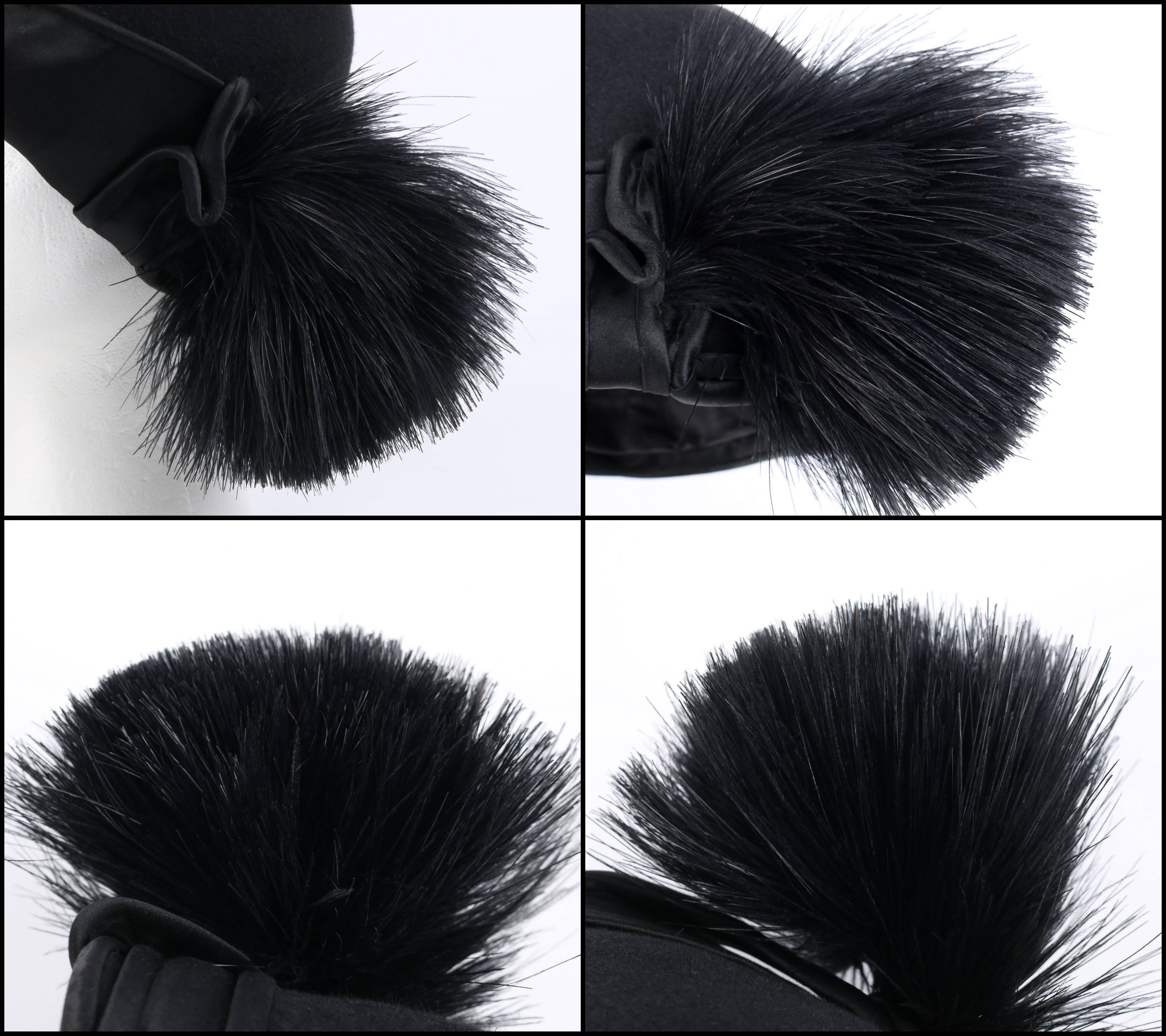 BELART Paris c.1920's Black Wool Felt Satin Feather Pom Pom Flapper Cloche Hat In Excellent Condition In Thiensville, WI