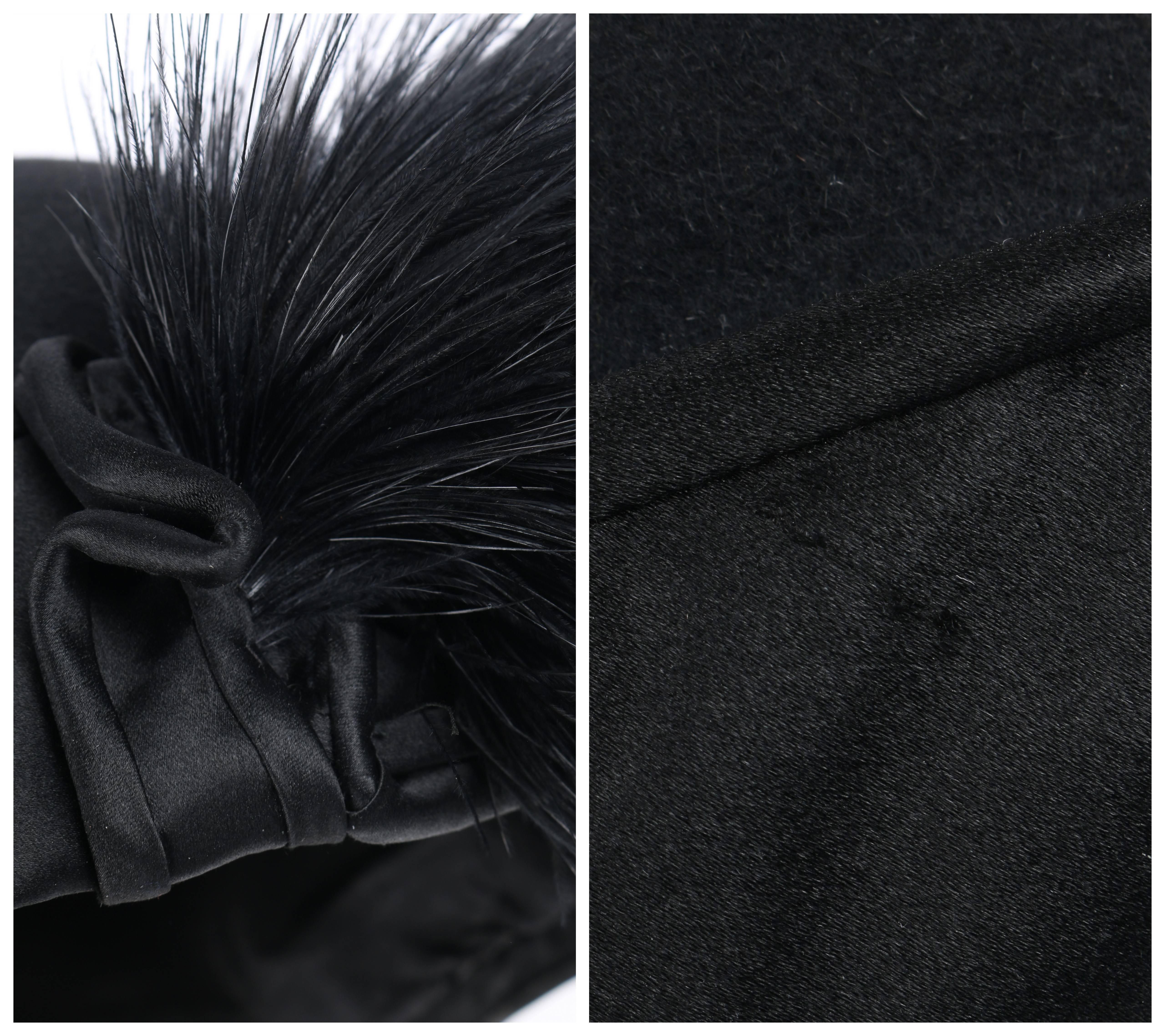 BELART Paris c.1920's Black Wool Felt Satin Feather Pom Pom Flapper Cloche Hat 2
