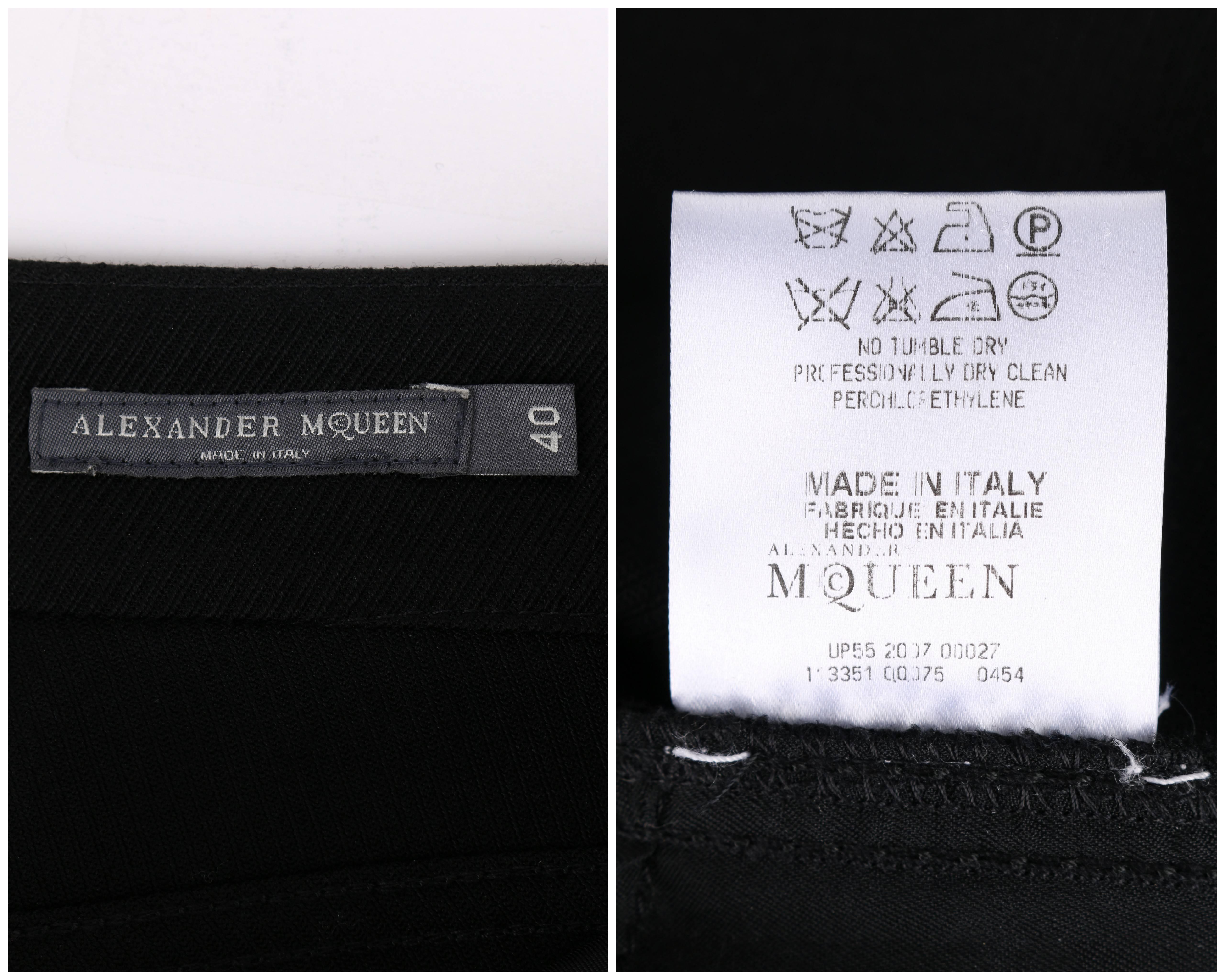 ALEXANDER MCQUEEN c.2007 Black Patent Leather Zipper Skull Pocket Wool Pants For Sale 3