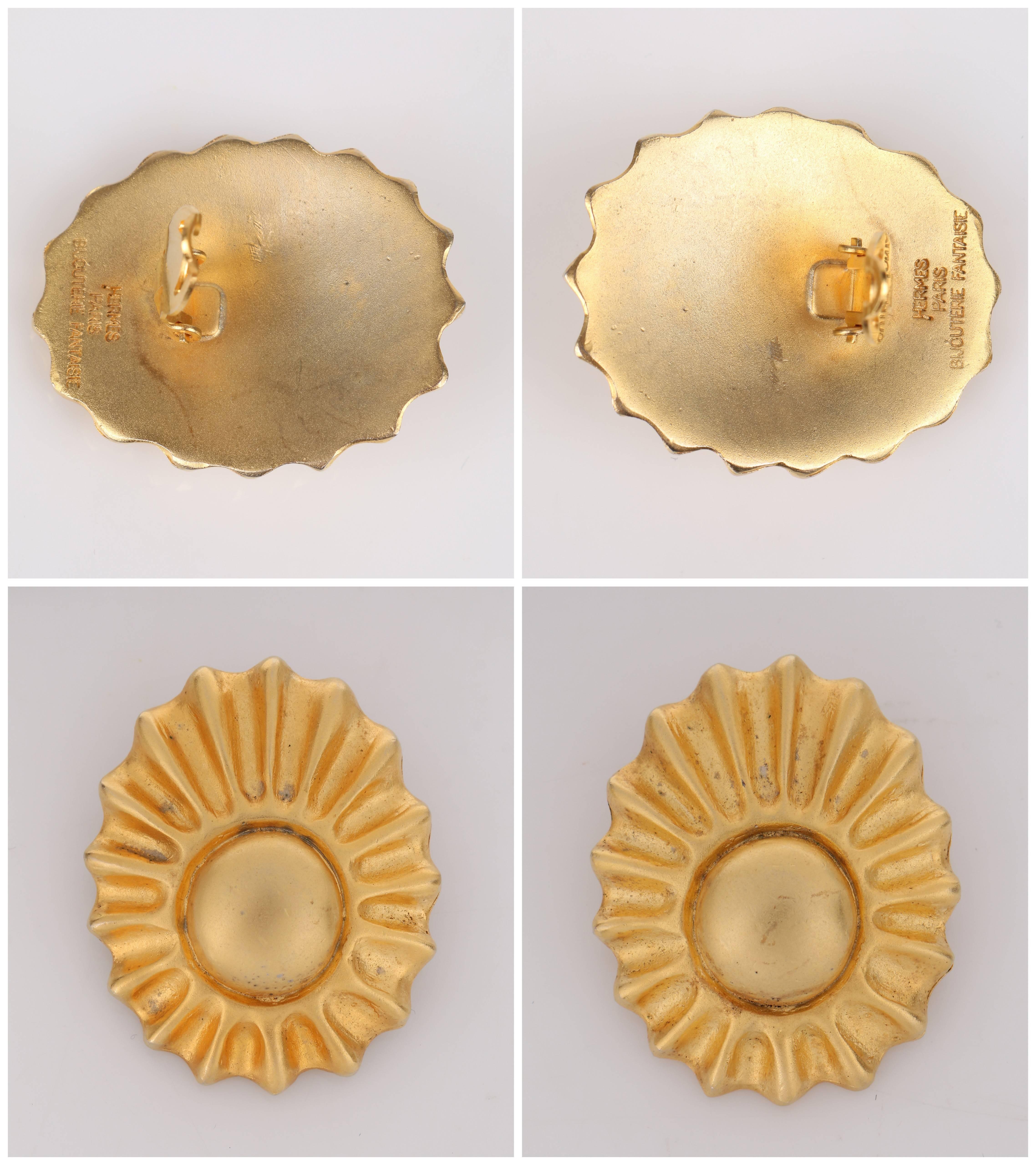 HERMES c.1990's Bijouterie Fantaisie Paris Gold Sun Ray Clip Earrings With Box 6