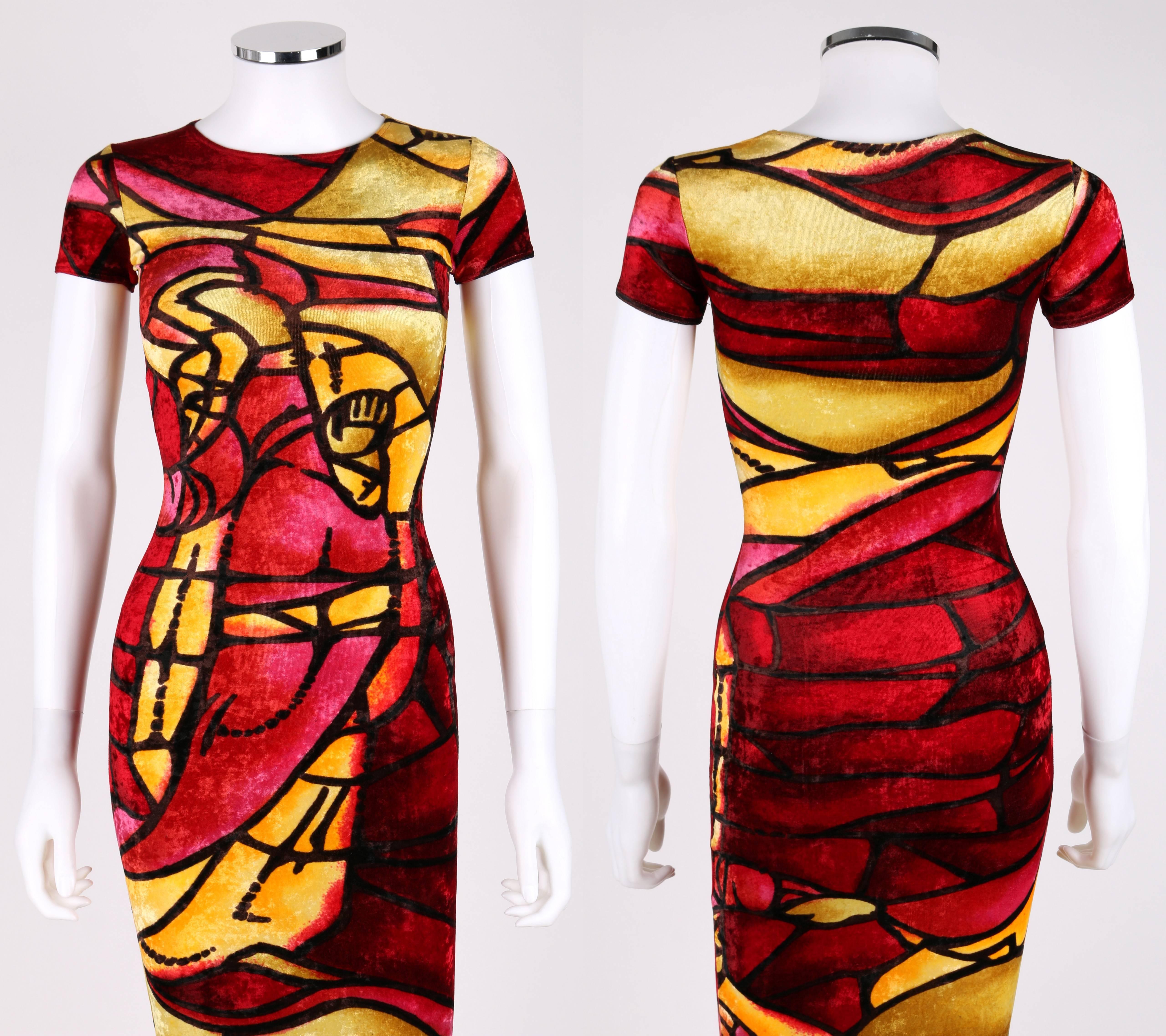 Red CHRISTIAN DIOR c.1990's JOHN GALLIANO Stained Glass Print Velvet Bodycon Dress