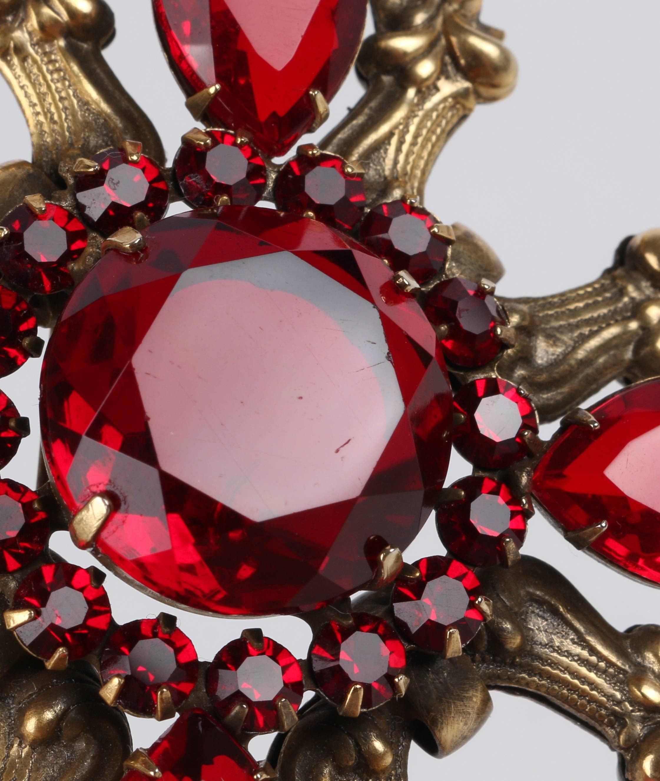 c.1940's Maltese Cross Brass Ruby Red Faceted Cut Glass Open Work Brooch Pin 3
