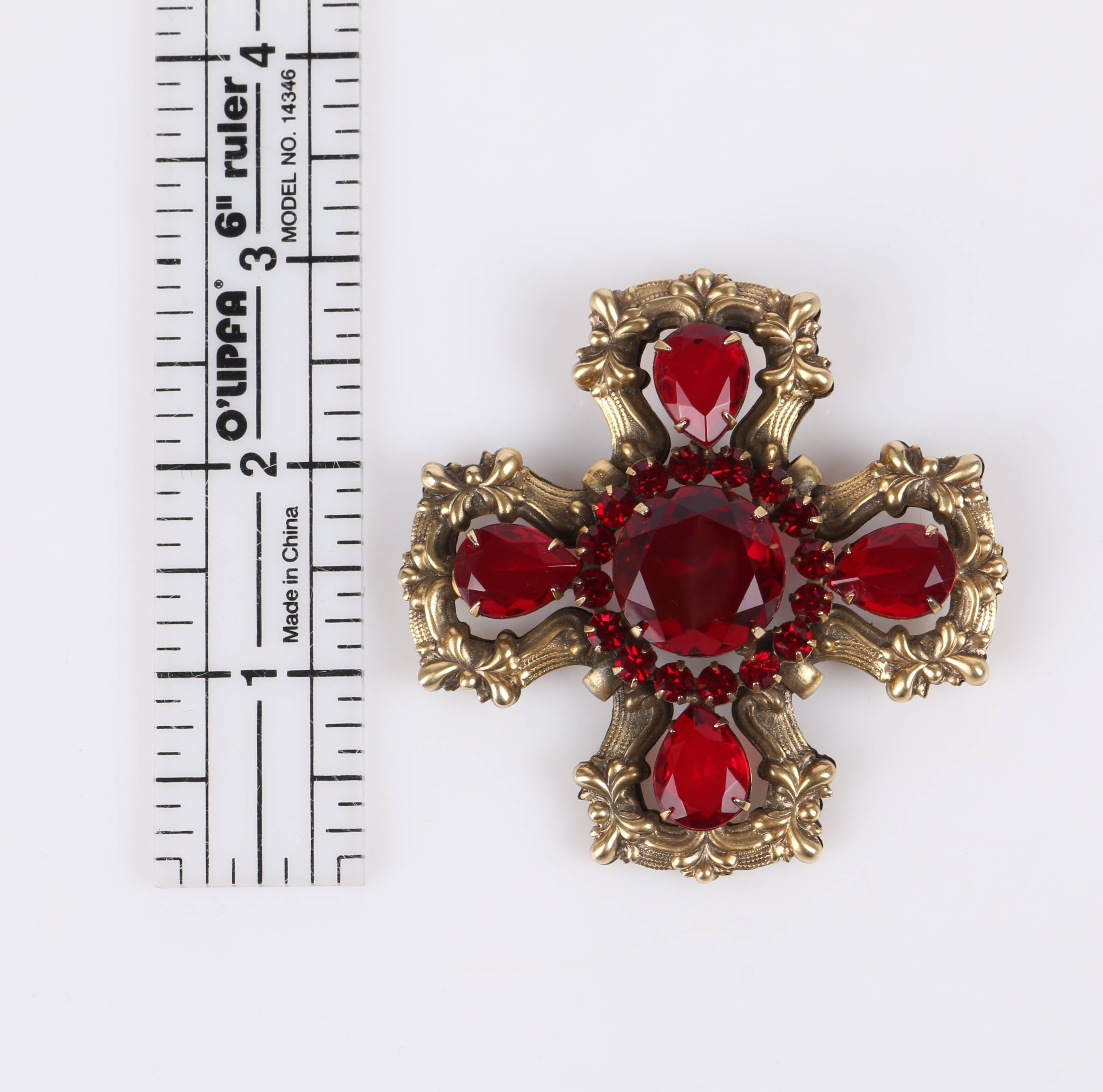 c.1940's Maltese Cross Brass Ruby Red Faceted Cut Glass Open Work Brooch Pin In Good Condition In Thiensville, WI