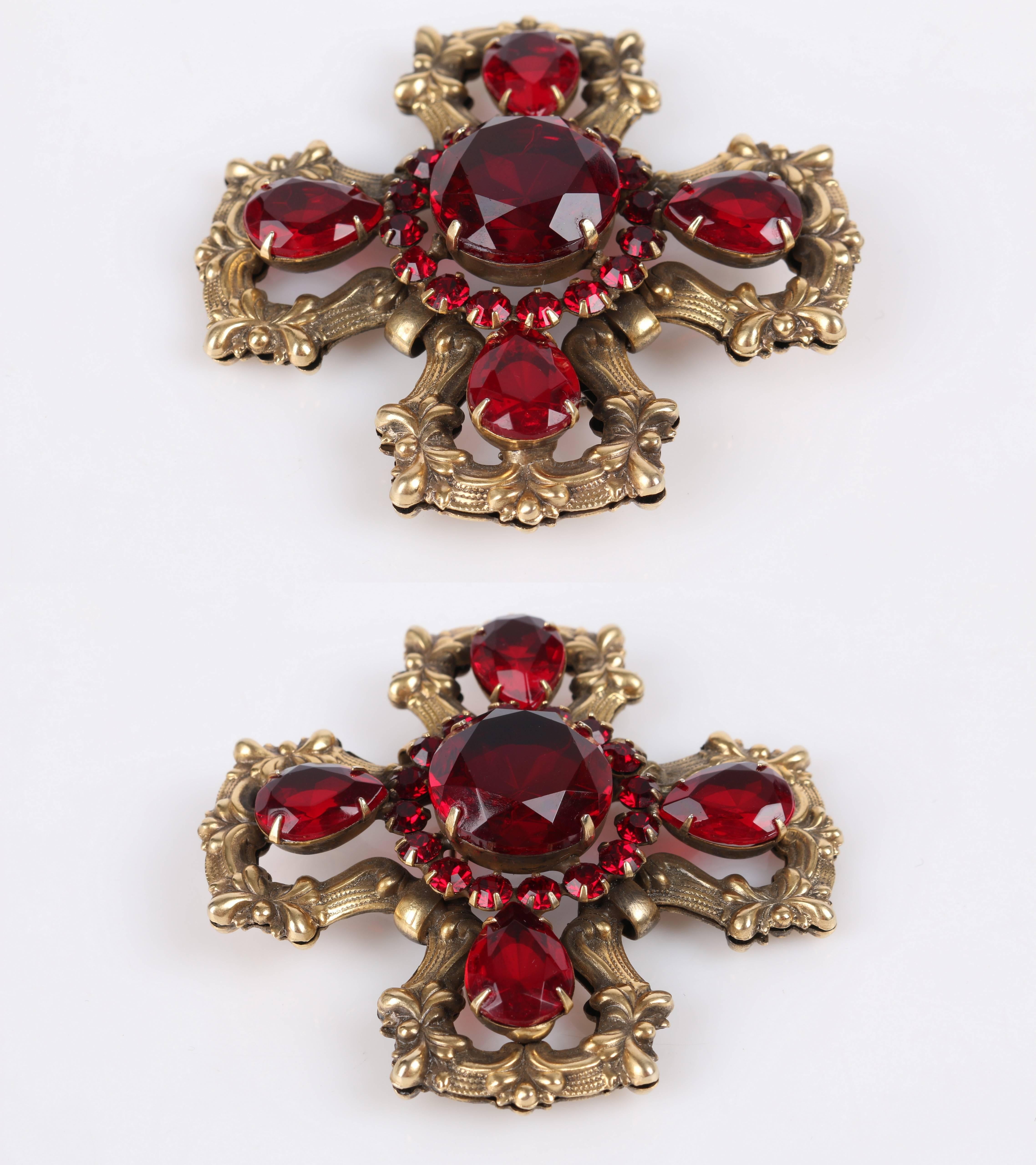 c.1940's Maltese Cross Brass Ruby Red Faceted Cut Glass Open Work Brooch Pin 1