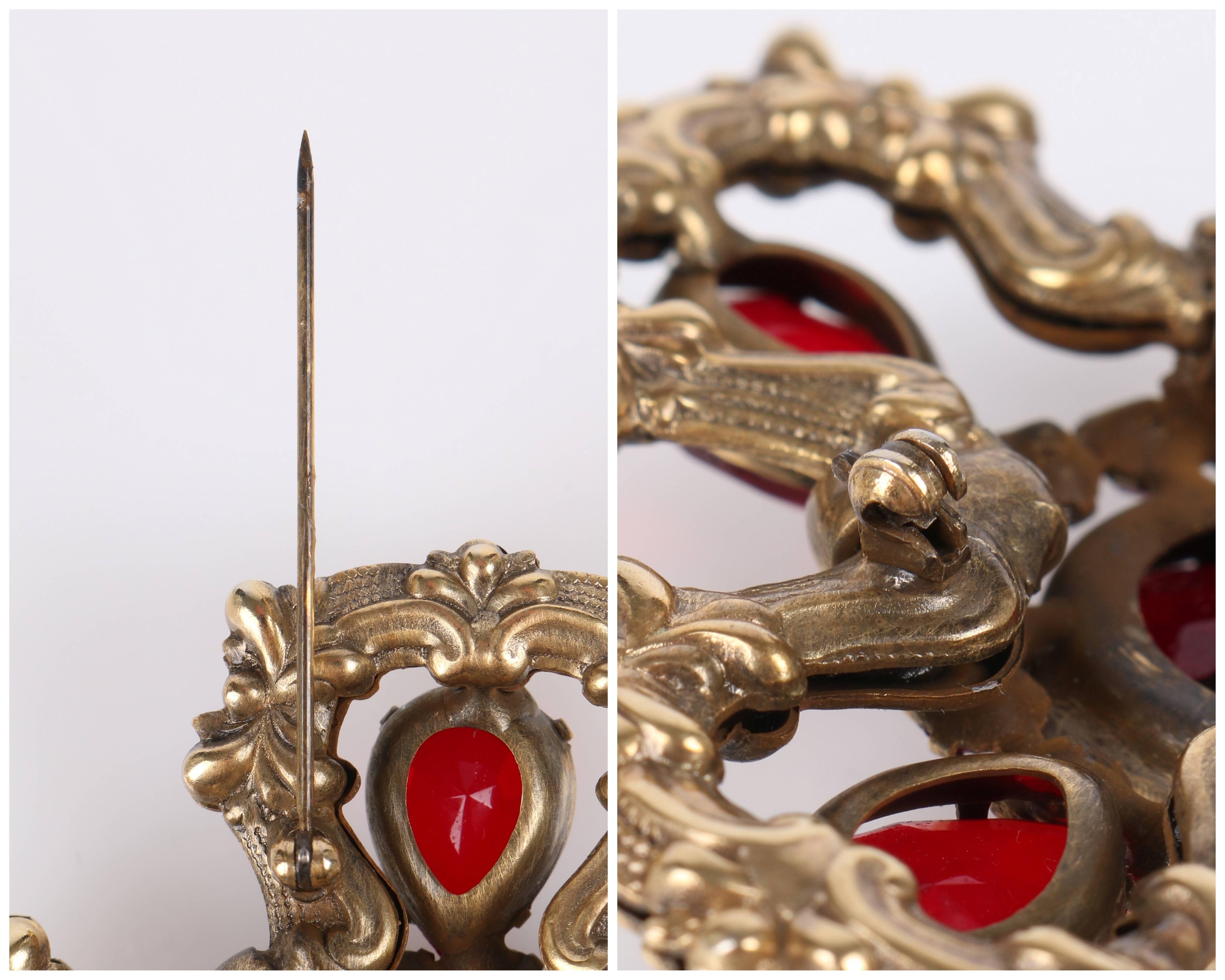 Women's c.1940's Maltese Cross Brass Ruby Red Faceted Cut Glass Open Work Brooch Pin
