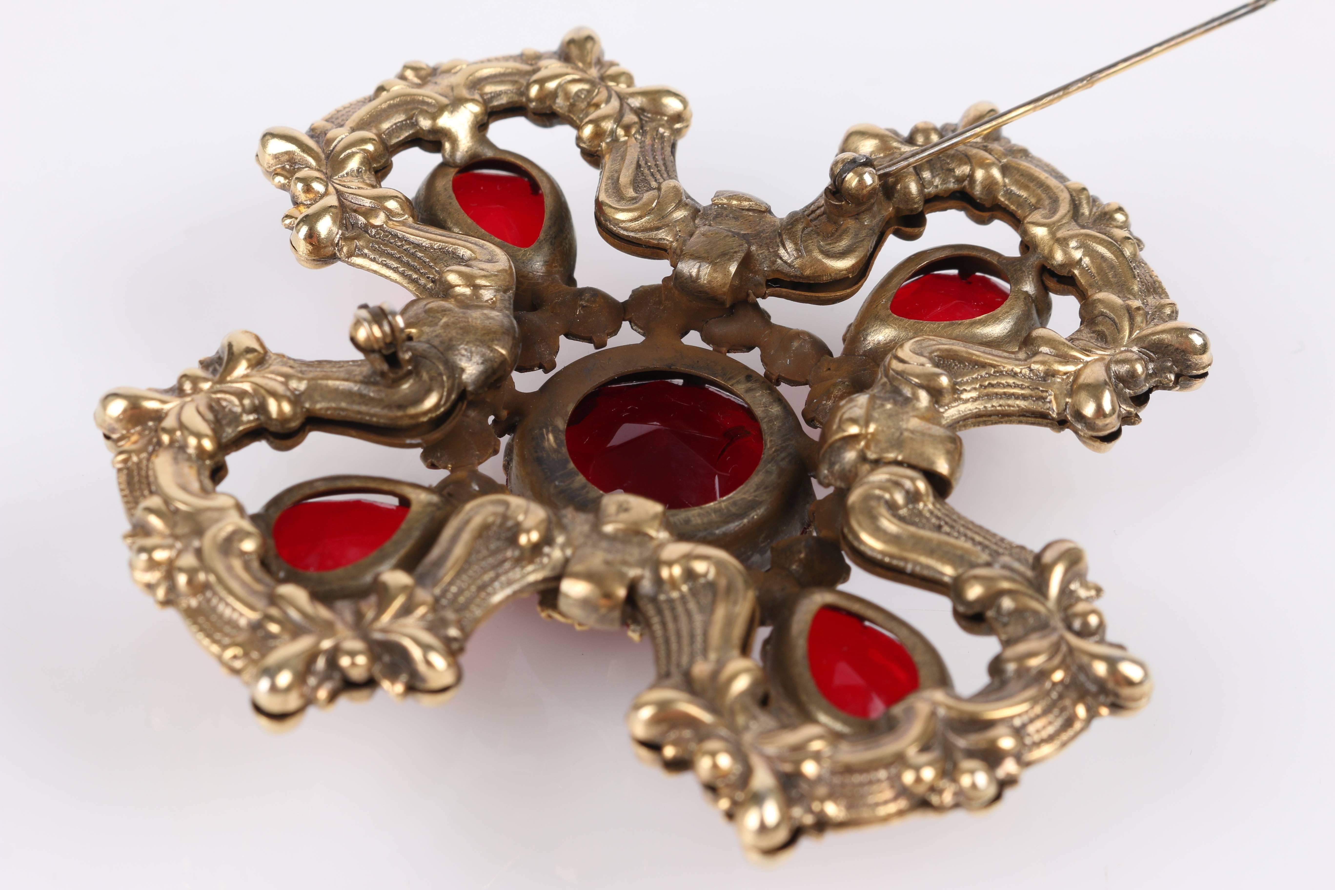 c.1940's Maltese Cross Brass Ruby Red Faceted Cut Glass Open Work Brooch Pin 2