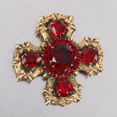 c.1940's Maltese Cross Brass Ruby Red Faceted Cut Glass Open Work Brooch Pin