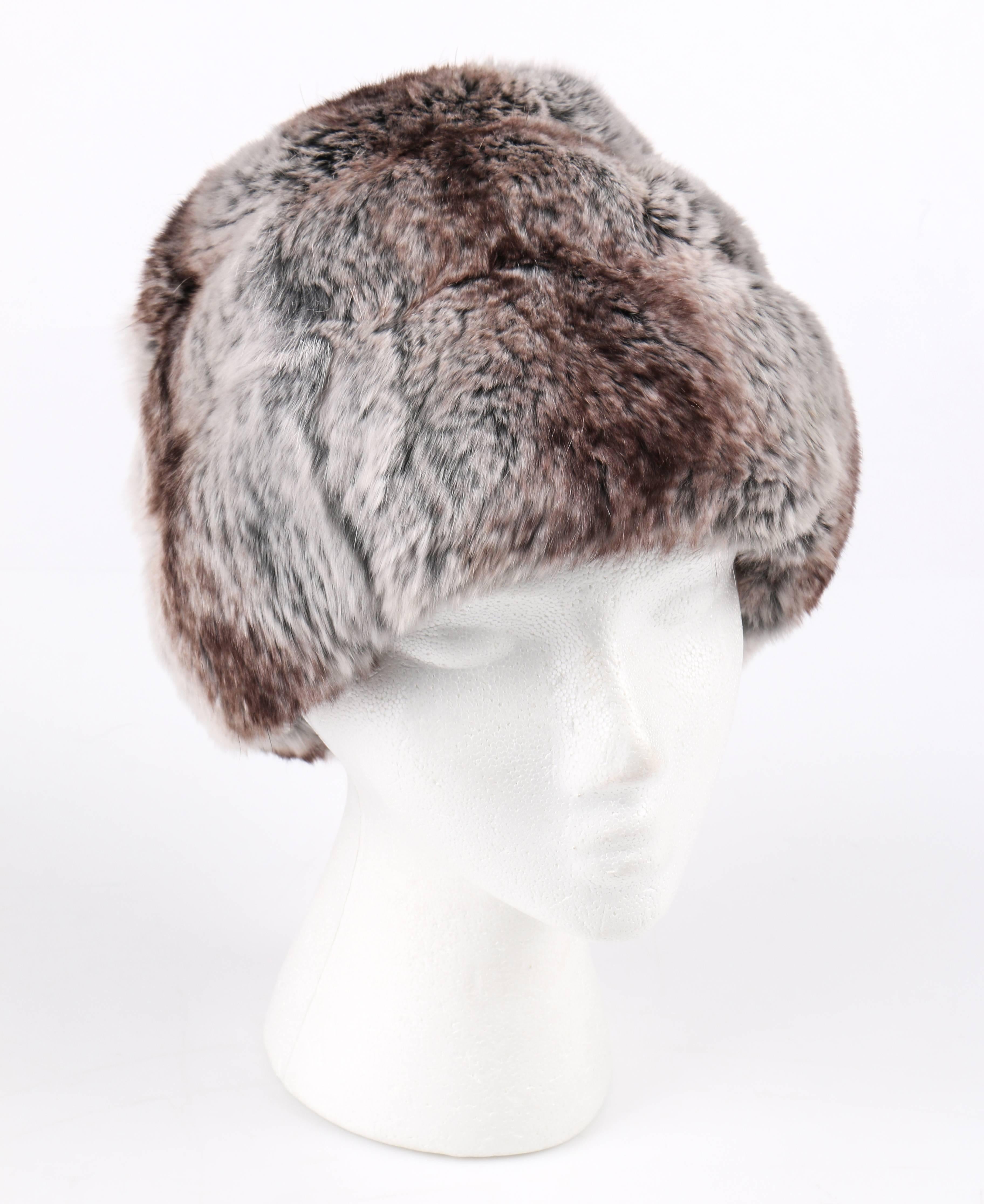 Vintage c.1960's Christian Dior designed by Marc Bohan, natural gray and brown striped chinchilla fur hat. Three tiered cossack body. Black silk faille lining. Black grosgrain ribbon along inside at brim. Unmarked fabric content: Genuine chinchilla