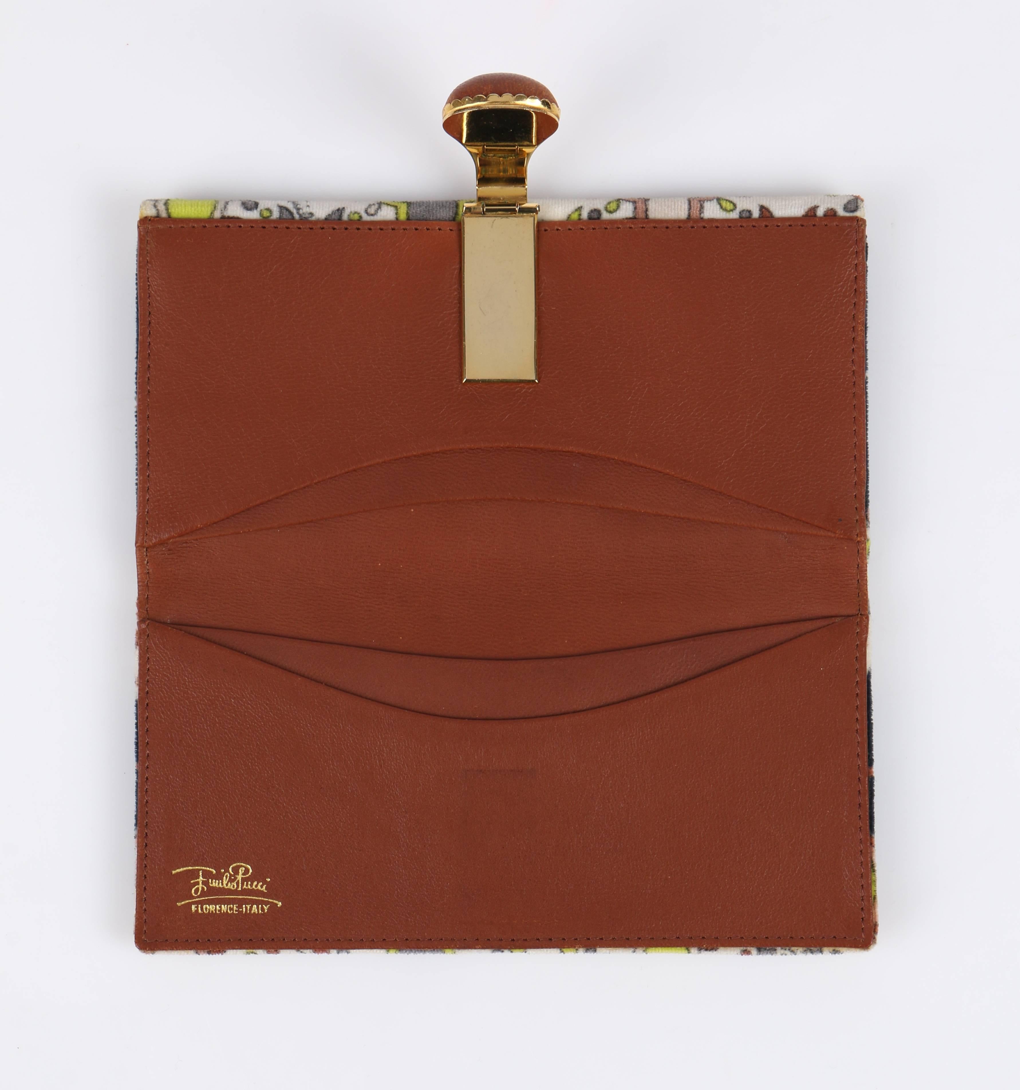 EMILIO PUCCI c.1960's Black Multicolor Print Velvet Leather Purse Bi-Fold Wallet In Excellent Condition In Thiensville, WI
