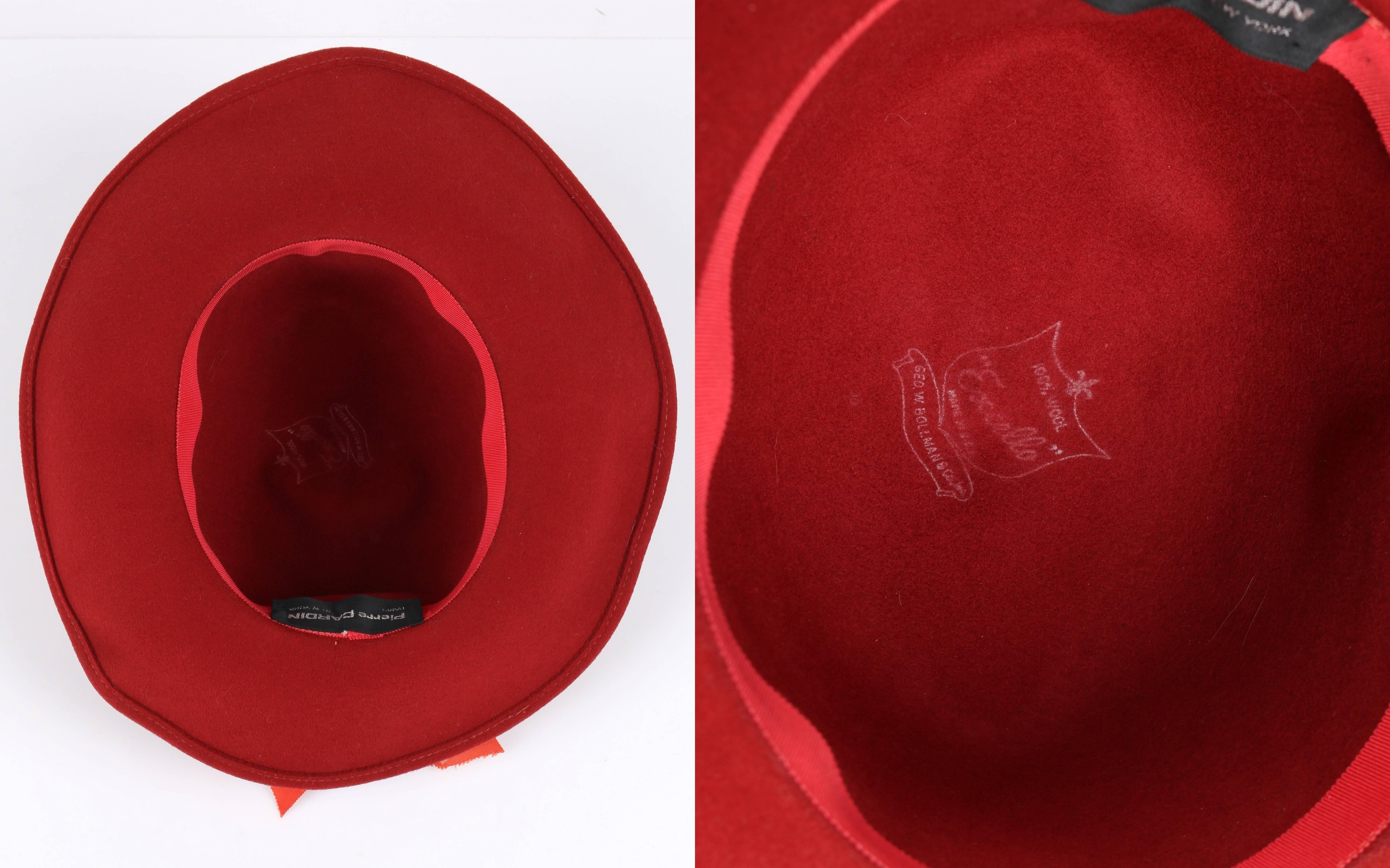PIERRE CARDIN c.1960's Red Wool Felt Polkadot Bow Wide Brim Mod Fedora Hat 2