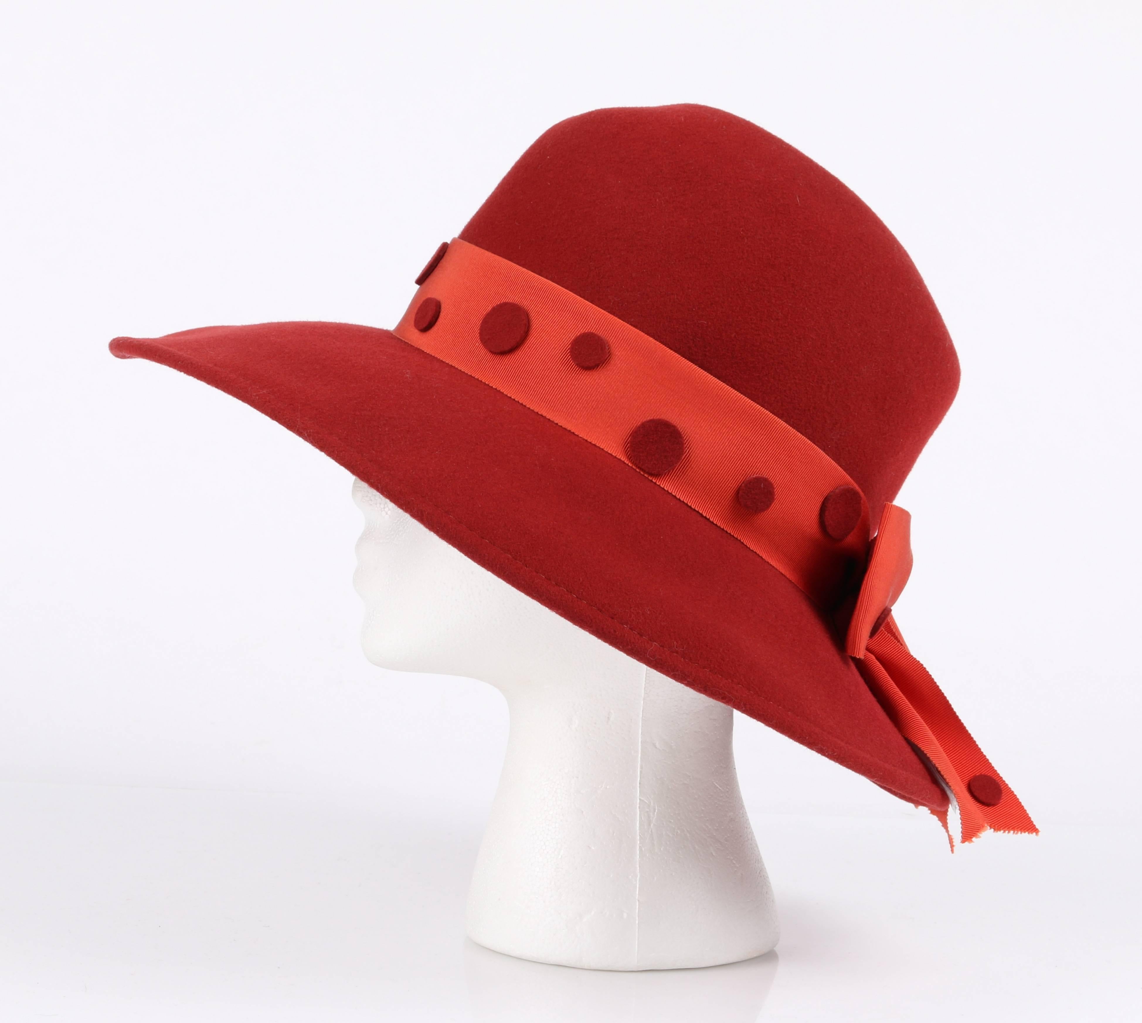 Women's PIERRE CARDIN c.1960's Red Wool Felt Polkadot Bow Wide Brim Mod Fedora Hat