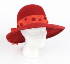 PIERRE CARDIN c.1960's Red Wool Felt Polkadot Bow Wide Brim Mod Fedora Hat