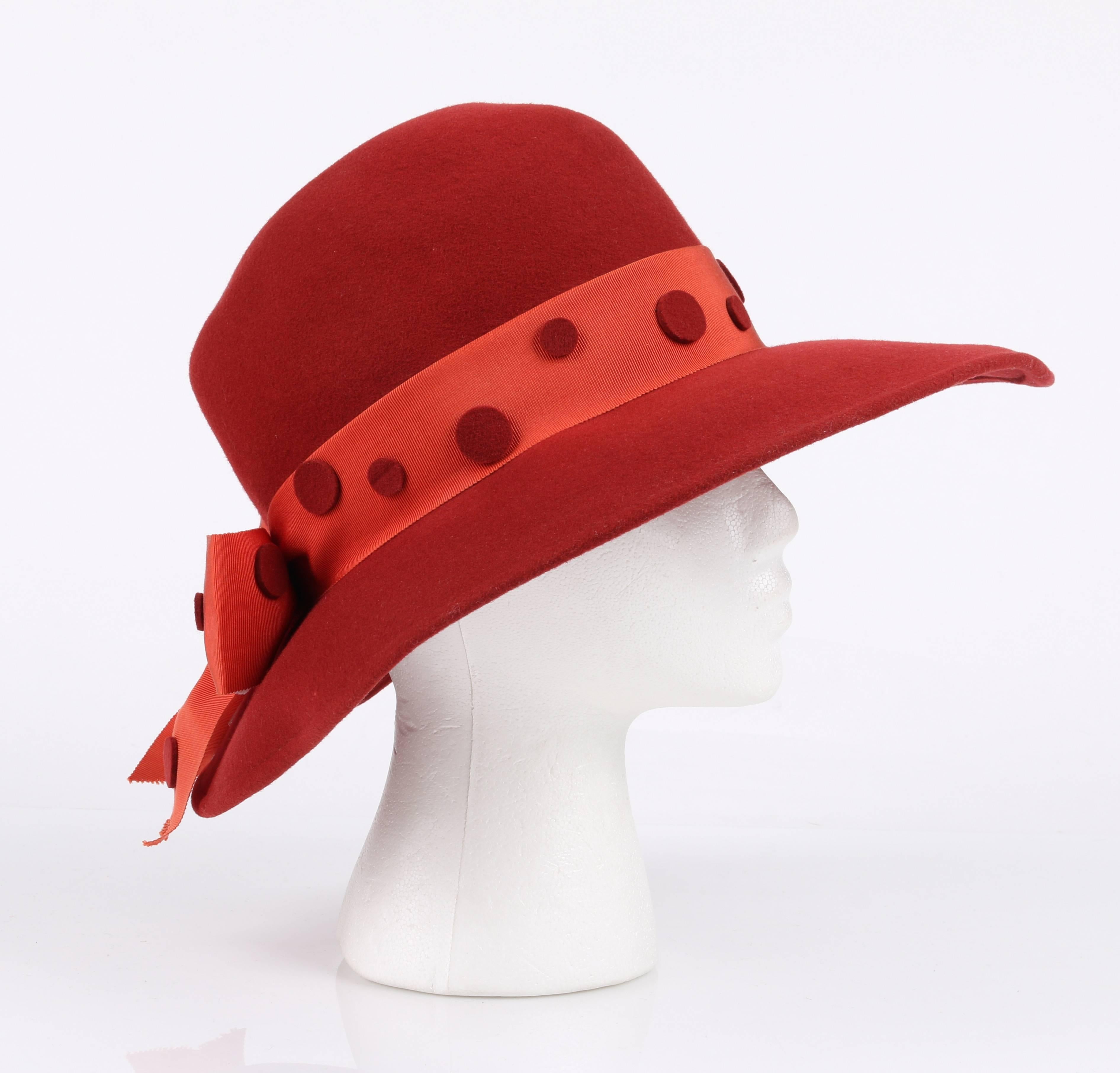 PIERRE CARDIN c.1960's Red Wool Felt Polkadot Bow Wide Brim Mod Fedora Hat In Excellent Condition In Thiensville, WI