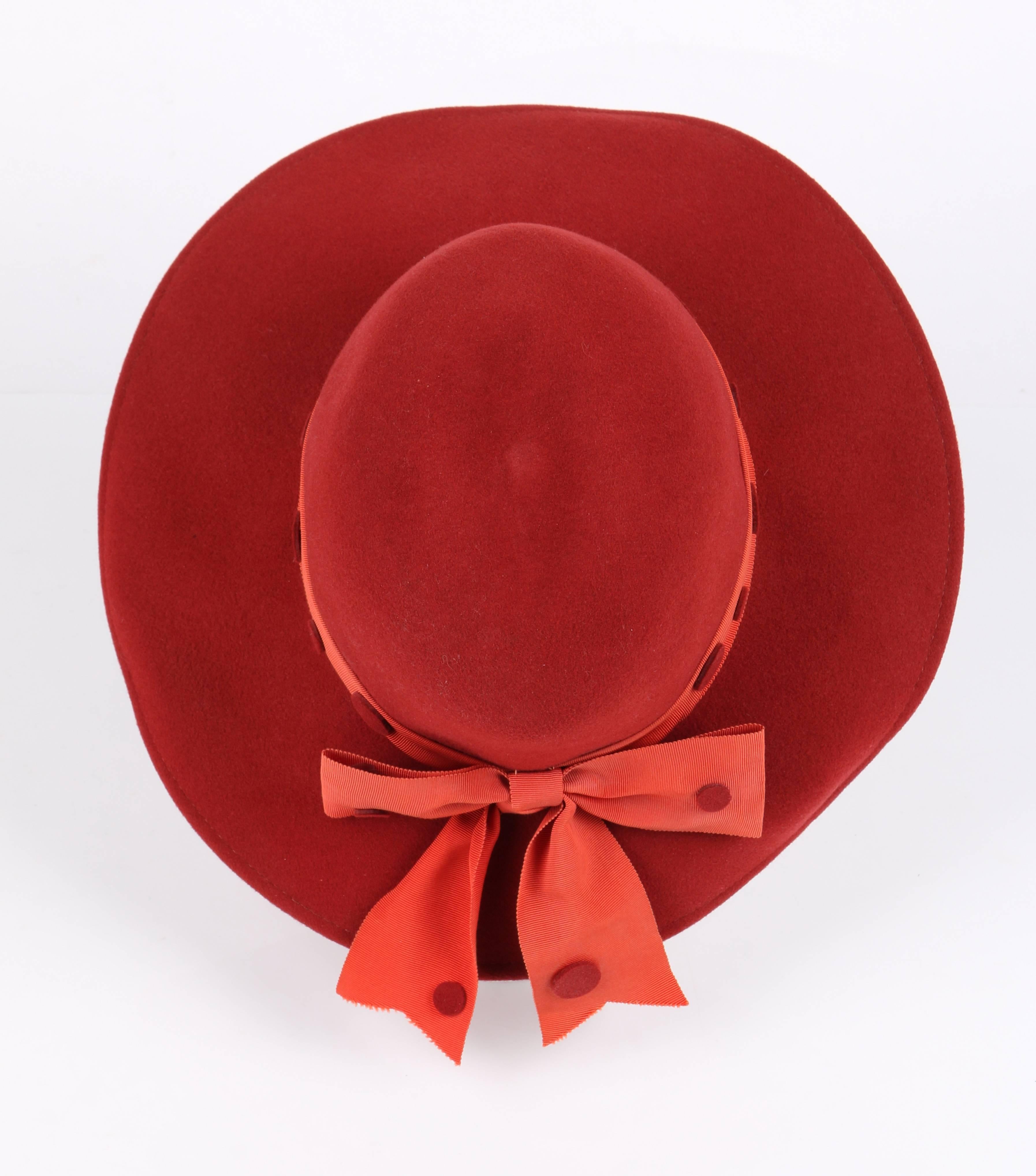 PIERRE CARDIN c.1960's Red Wool Felt Polkadot Bow Wide Brim Mod Fedora Hat 1