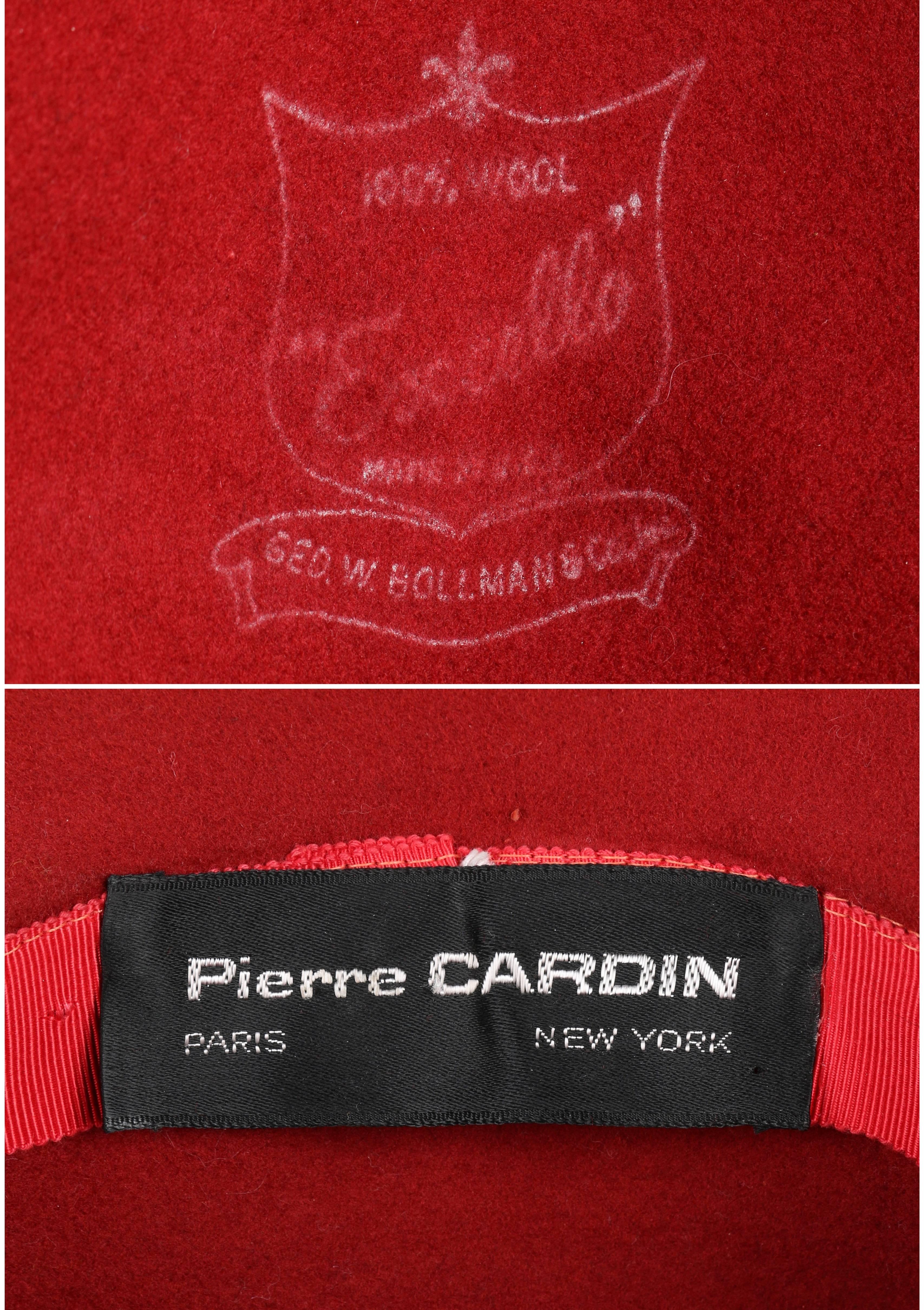 PIERRE CARDIN c.1960's Red Wool Felt Polkadot Bow Wide Brim Mod Fedora Hat 3