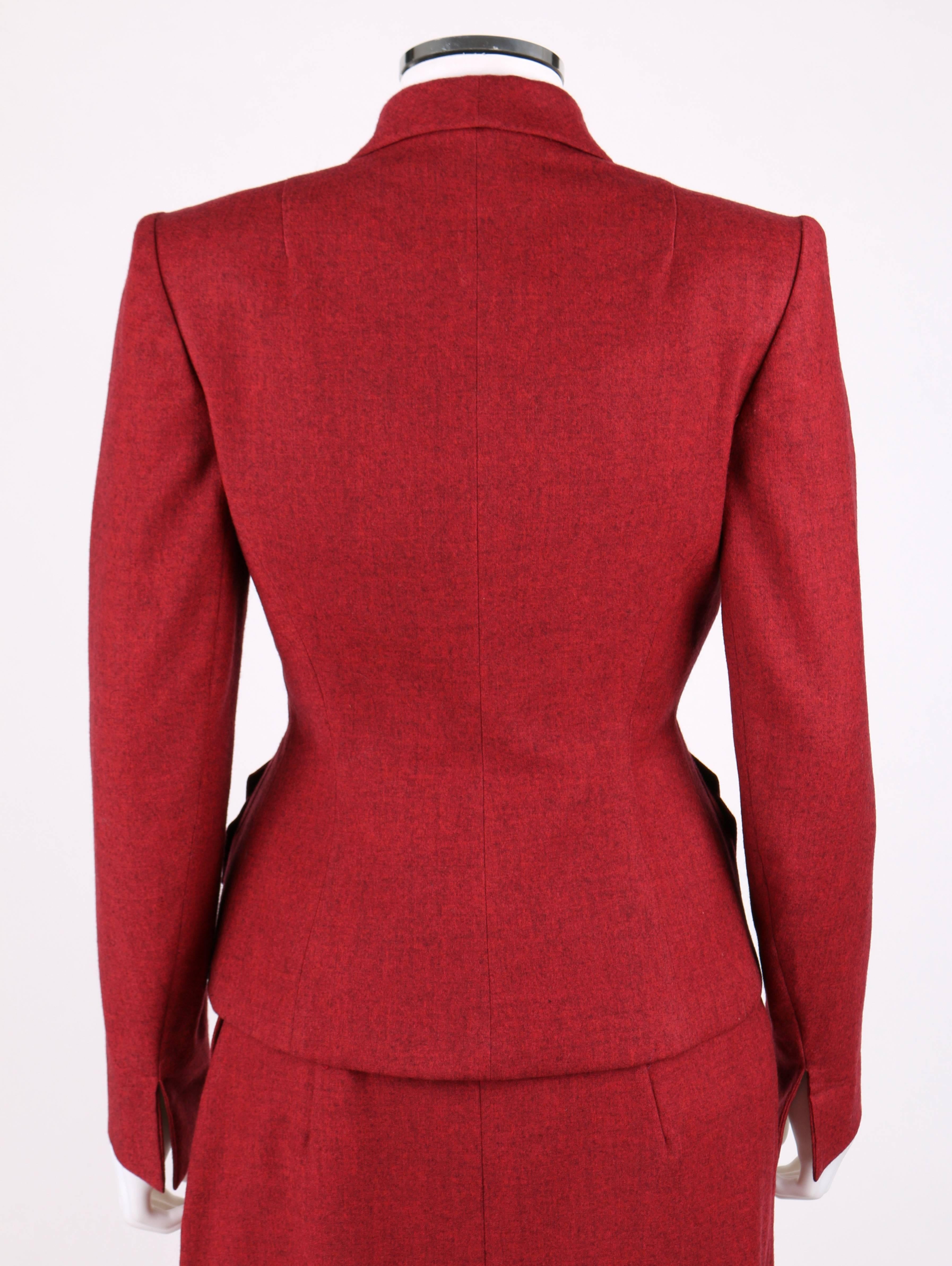 STYLED BY VENNE c.1940's 2 Piece Ruby Red Wool Embellished Blazer Skirt Suit In Excellent Condition In Thiensville, WI