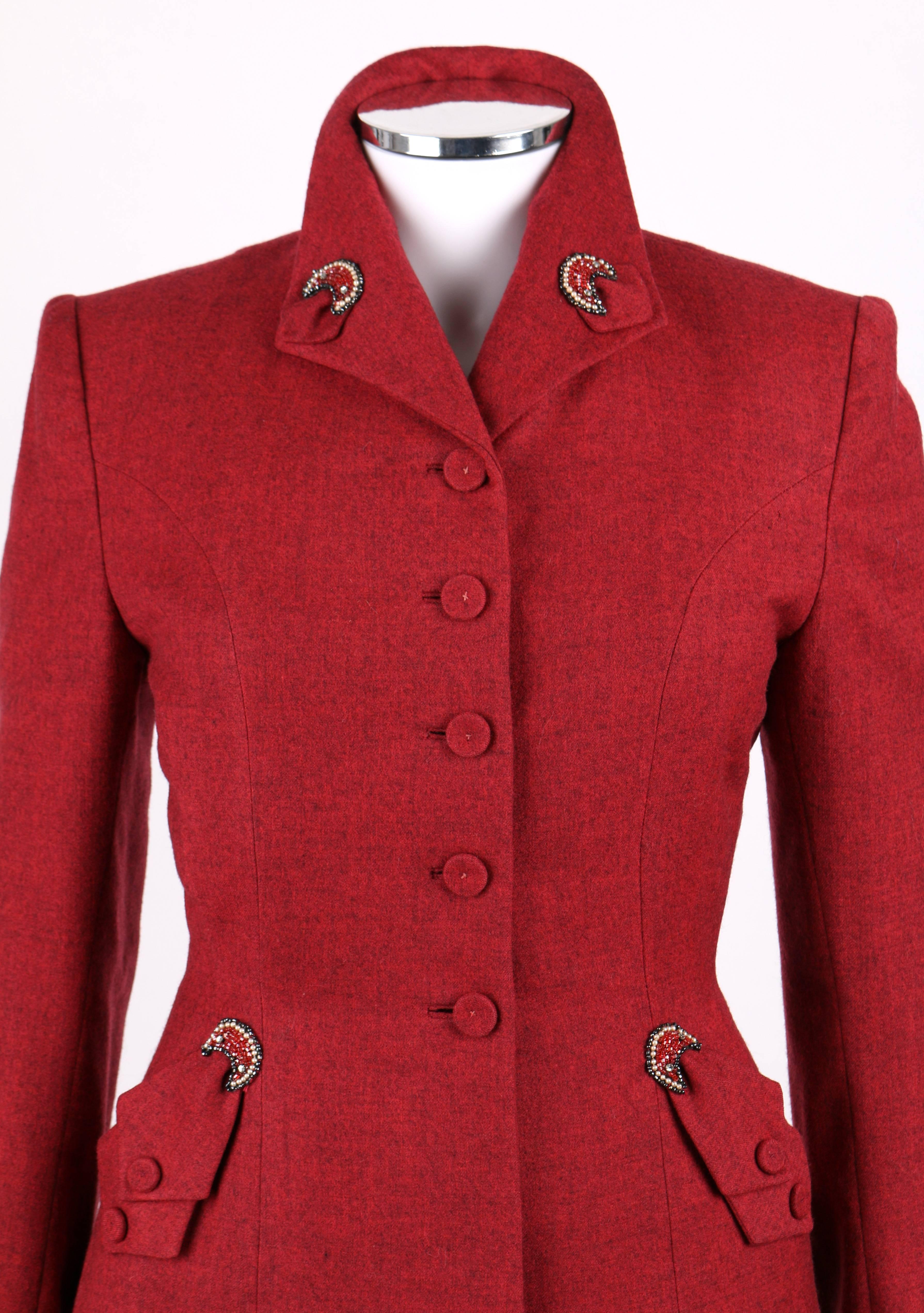 Women's STYLED BY VENNE c.1940's 2 Piece Ruby Red Wool Embellished Blazer Skirt Suit