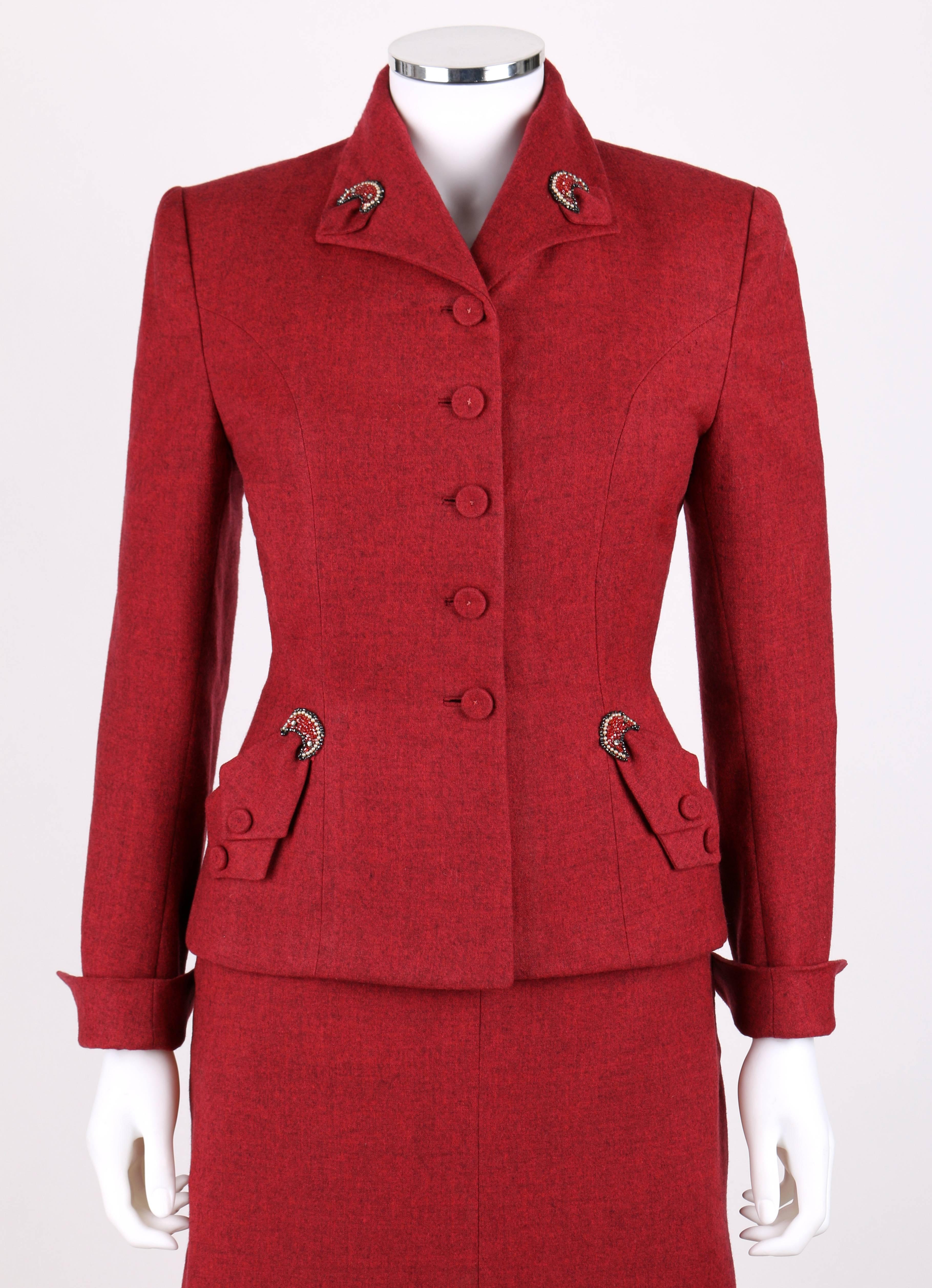 STYLED BY VENNE c.1940's 2 Piece Ruby Red Wool Embellished Blazer Skirt ...