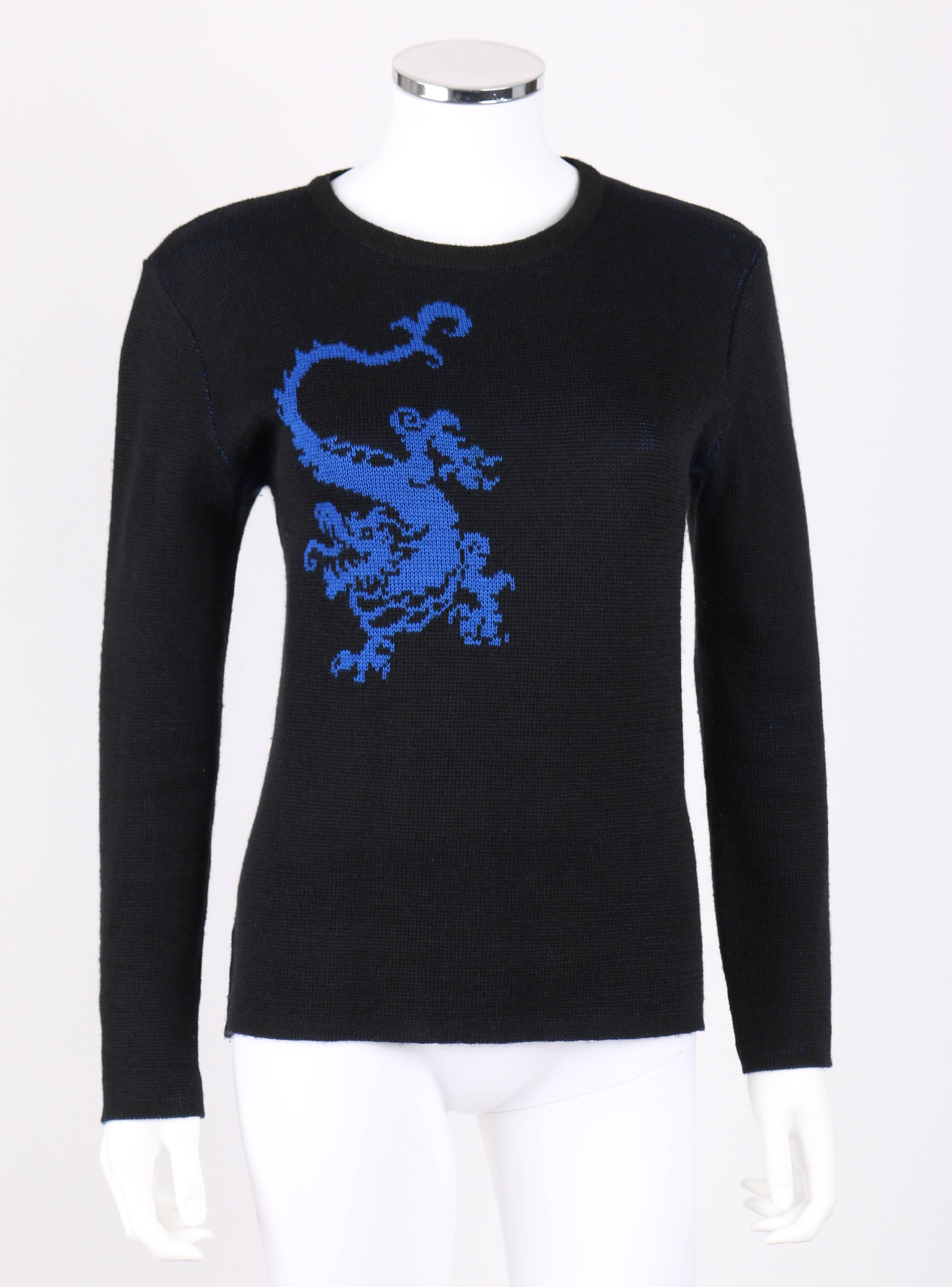 Vintage Yves Saint Laurent c.1980's black / blue 100% wool knitwear Chinese dragon design sweater. Black and blue double knit. Long sleeves. Scoop neckline. Rib-knit collar, cuffs, and hem. Pullover style. Marked Fabric Content: 