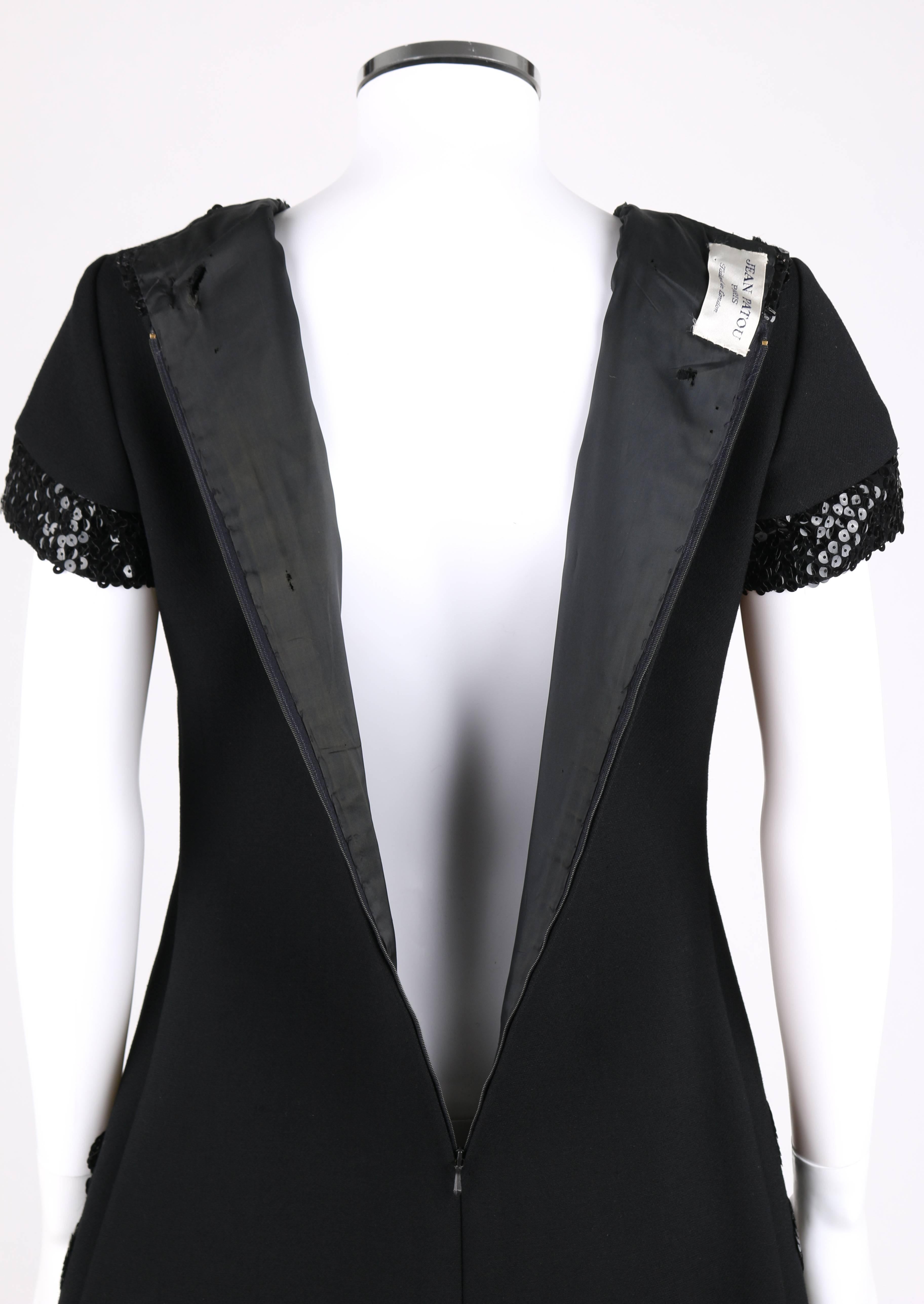 JEAN PATOU c.1960's KARL LAGERFELD Black Sequin Camellia Flower Cocktail Dress In Excellent Condition For Sale In Thiensville, WI