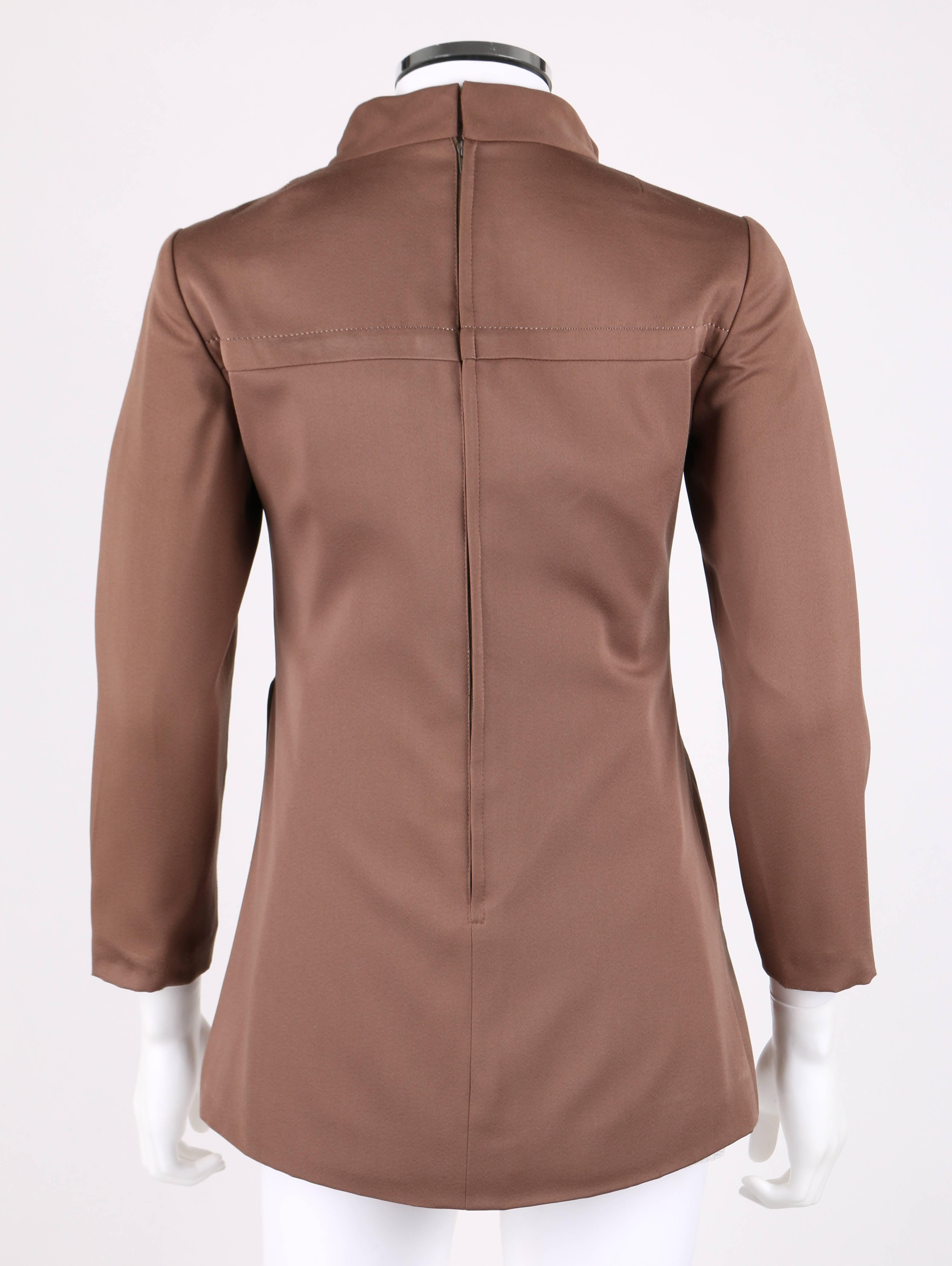 PIERRE CARDIN Takashimaya c.1960's Brown Silk Mod Circle Pocket Tunic Top In Good Condition For Sale In Thiensville, WI