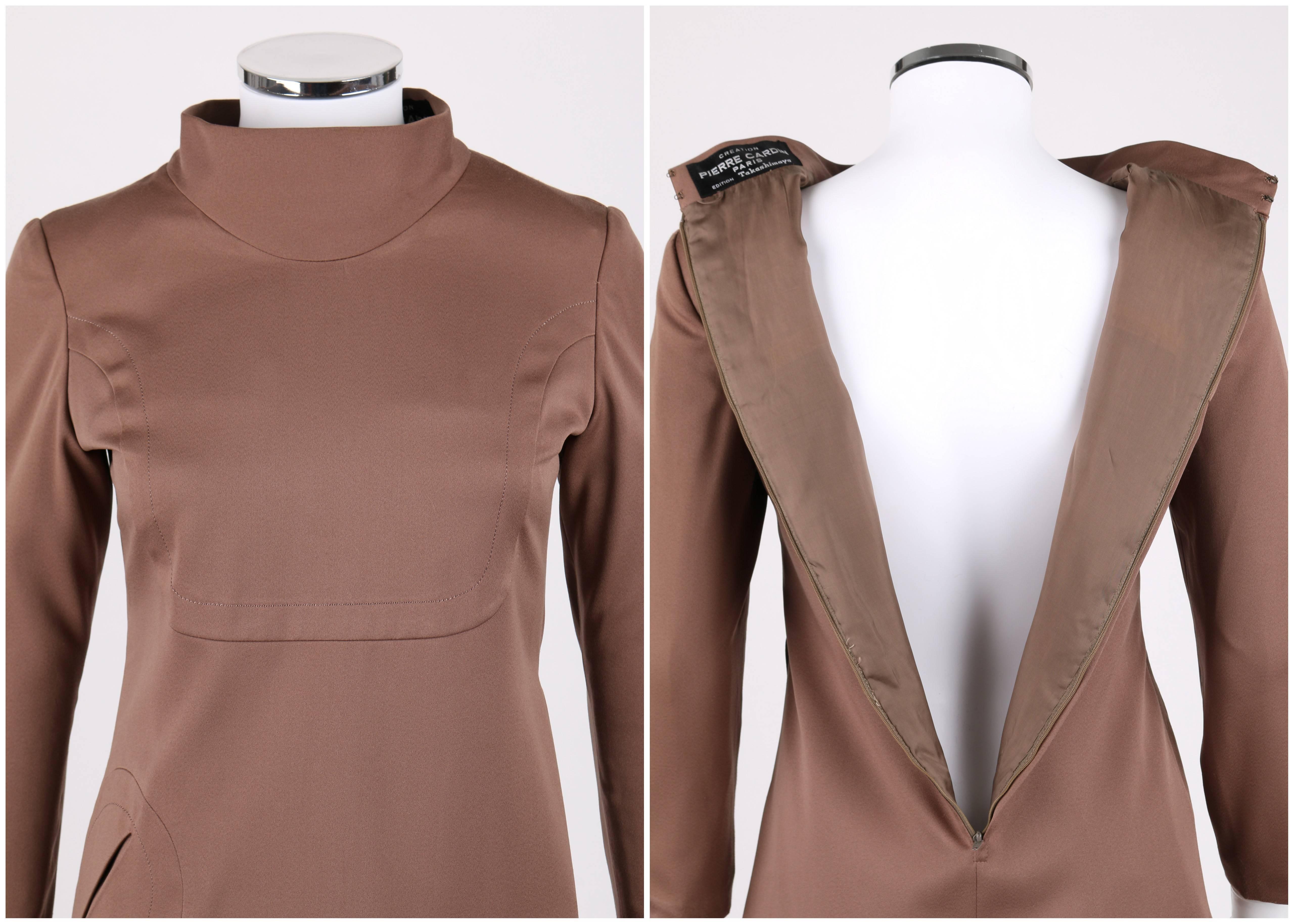 PIERRE CARDIN Takashimaya c.1960's Brown Silk Mod Circle Pocket Tunic Top en vente 1