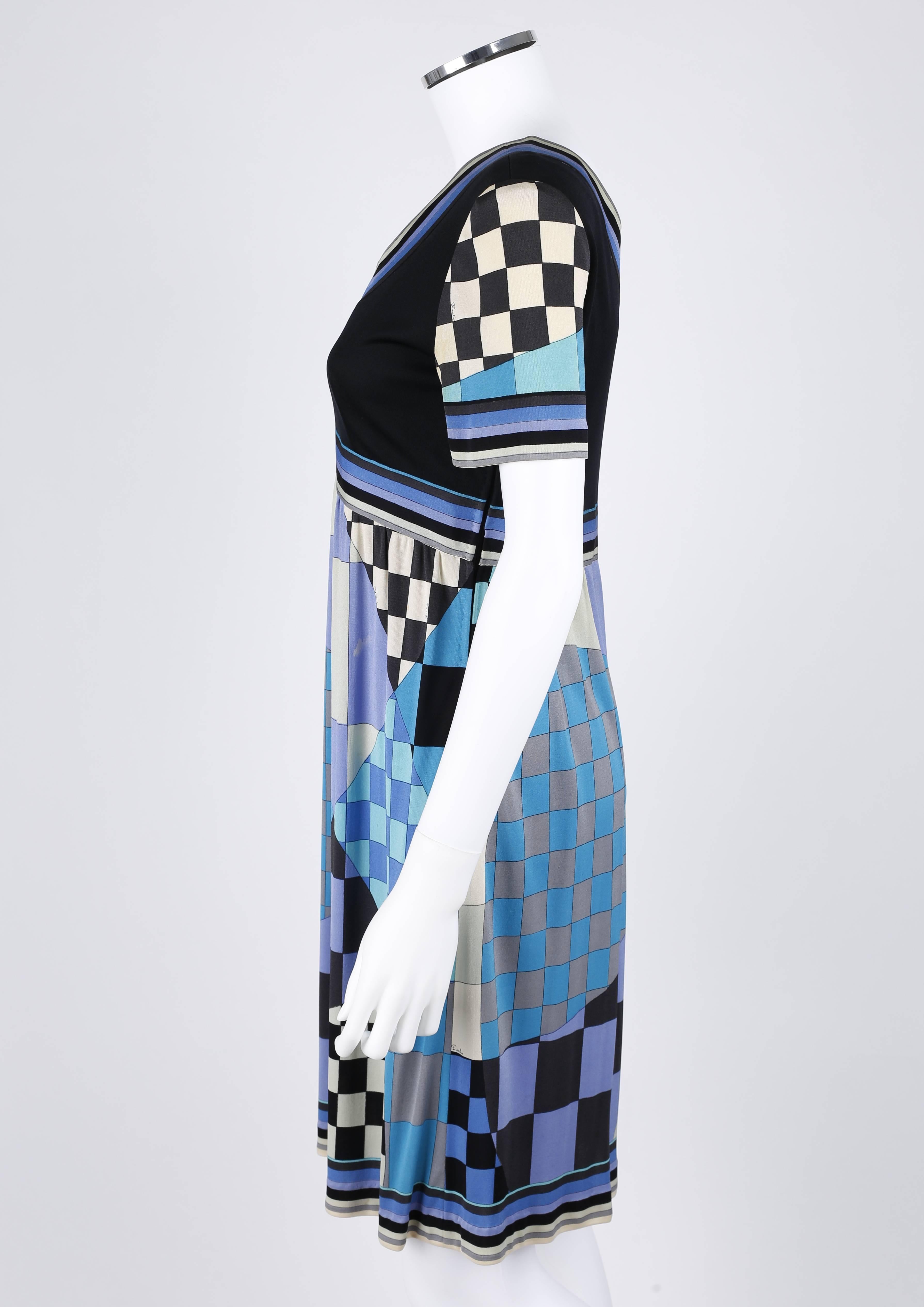 EMILIO PUCCI c.1960's Multicolor Checker Board Signature Print Silk Jersey Dress In Excellent Condition In Thiensville, WI