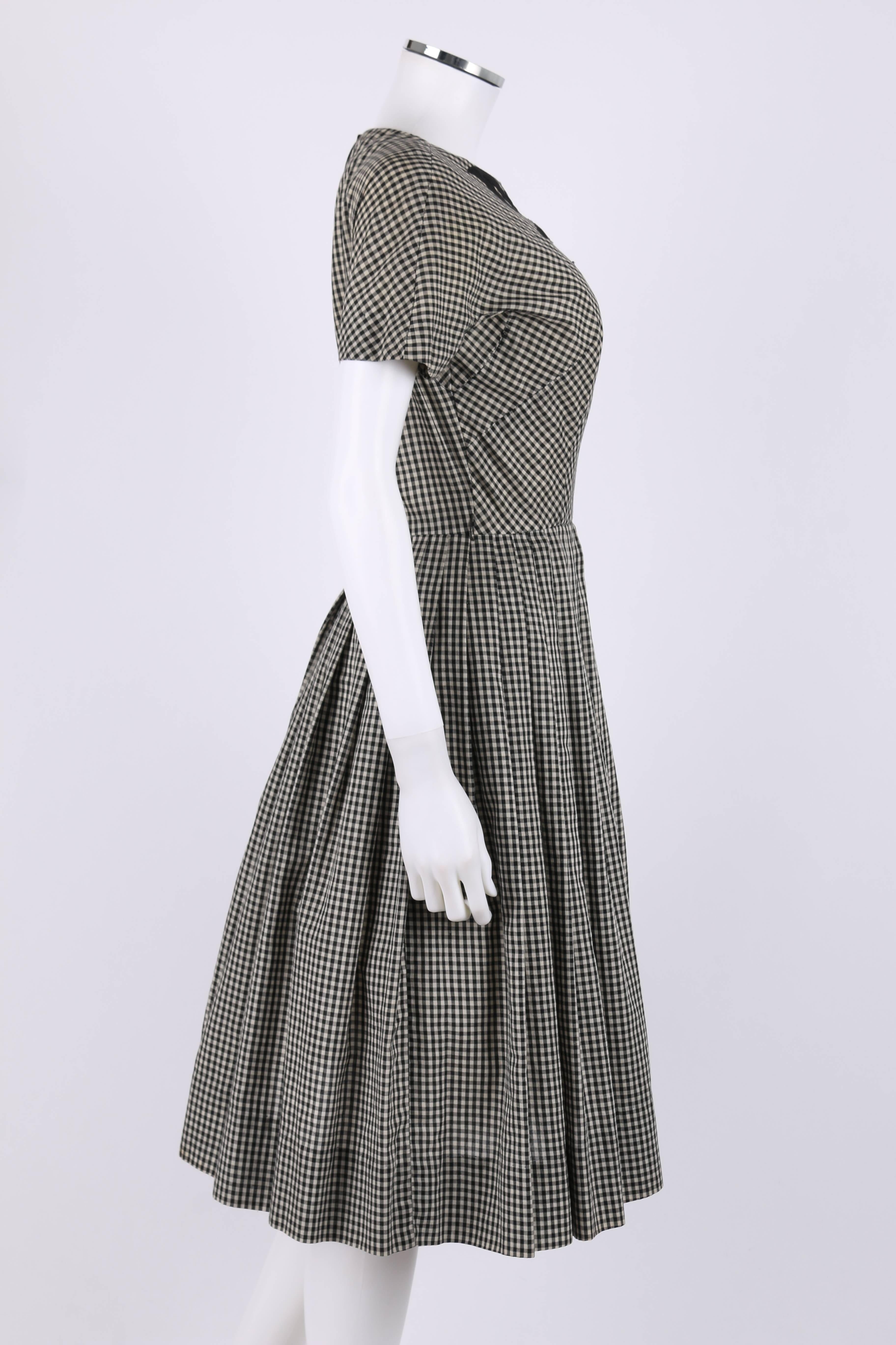 Gray JEANNE DURRELL c.1950's Black White Gingham Avant Garde Applique Day Dress