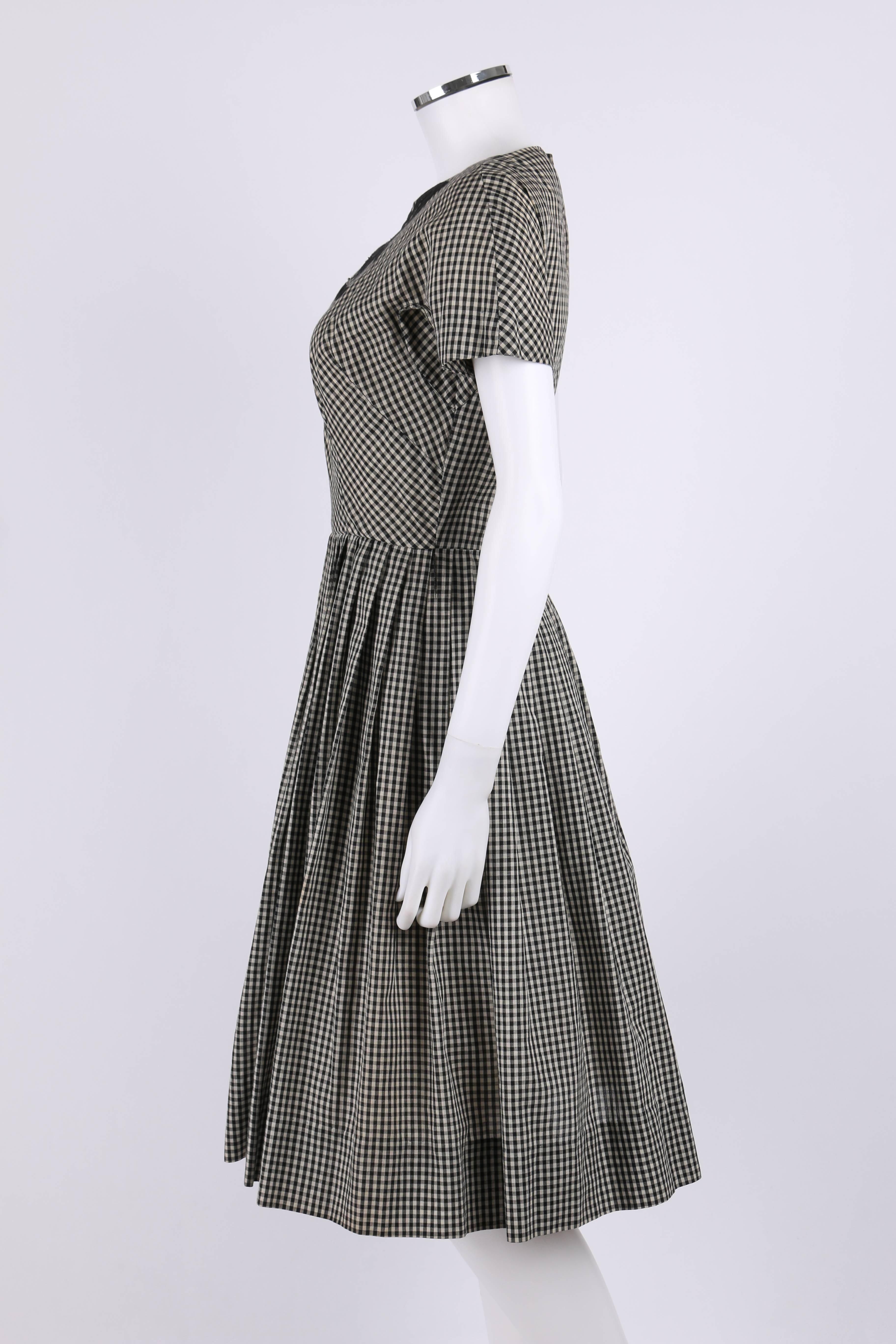 Women's JEANNE DURRELL c.1950's Black White Gingham Avant Garde Applique Day Dress