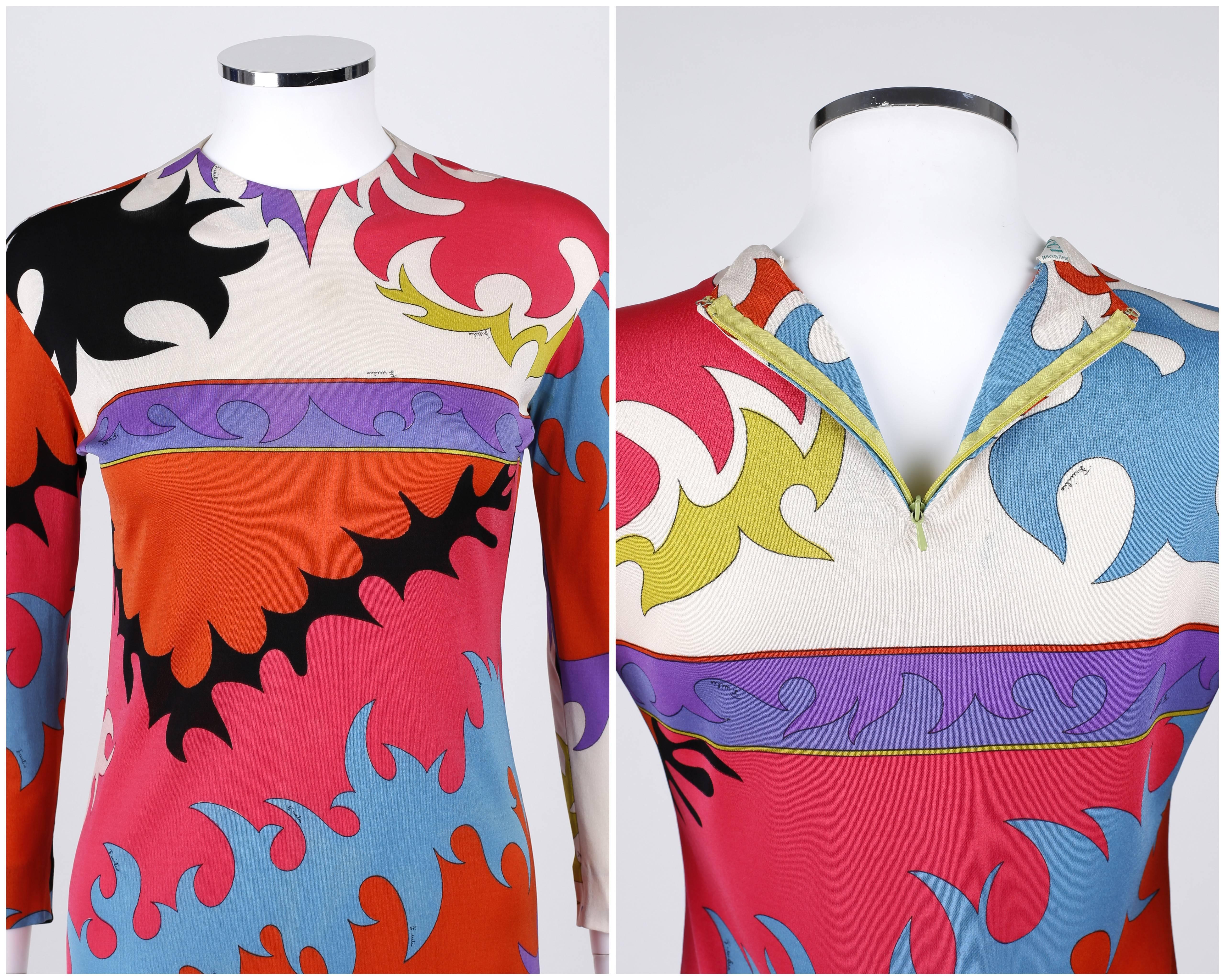 Red EMILIO PUCCI c.1960's Multicolor Abstract Signature Print Silk Shift Dress For Sale