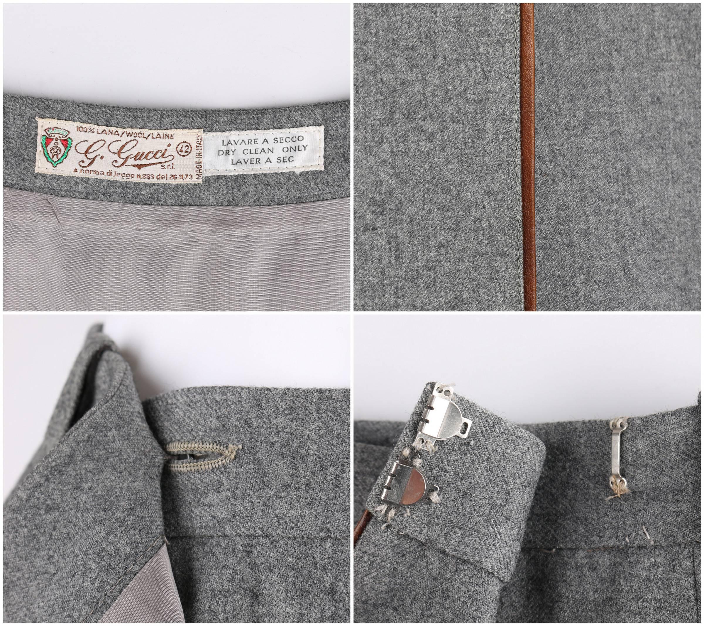 GUCCI c.1970's Gray Wool Classic Wrap Skirt Brown Leather Piping Trim For Sale 4