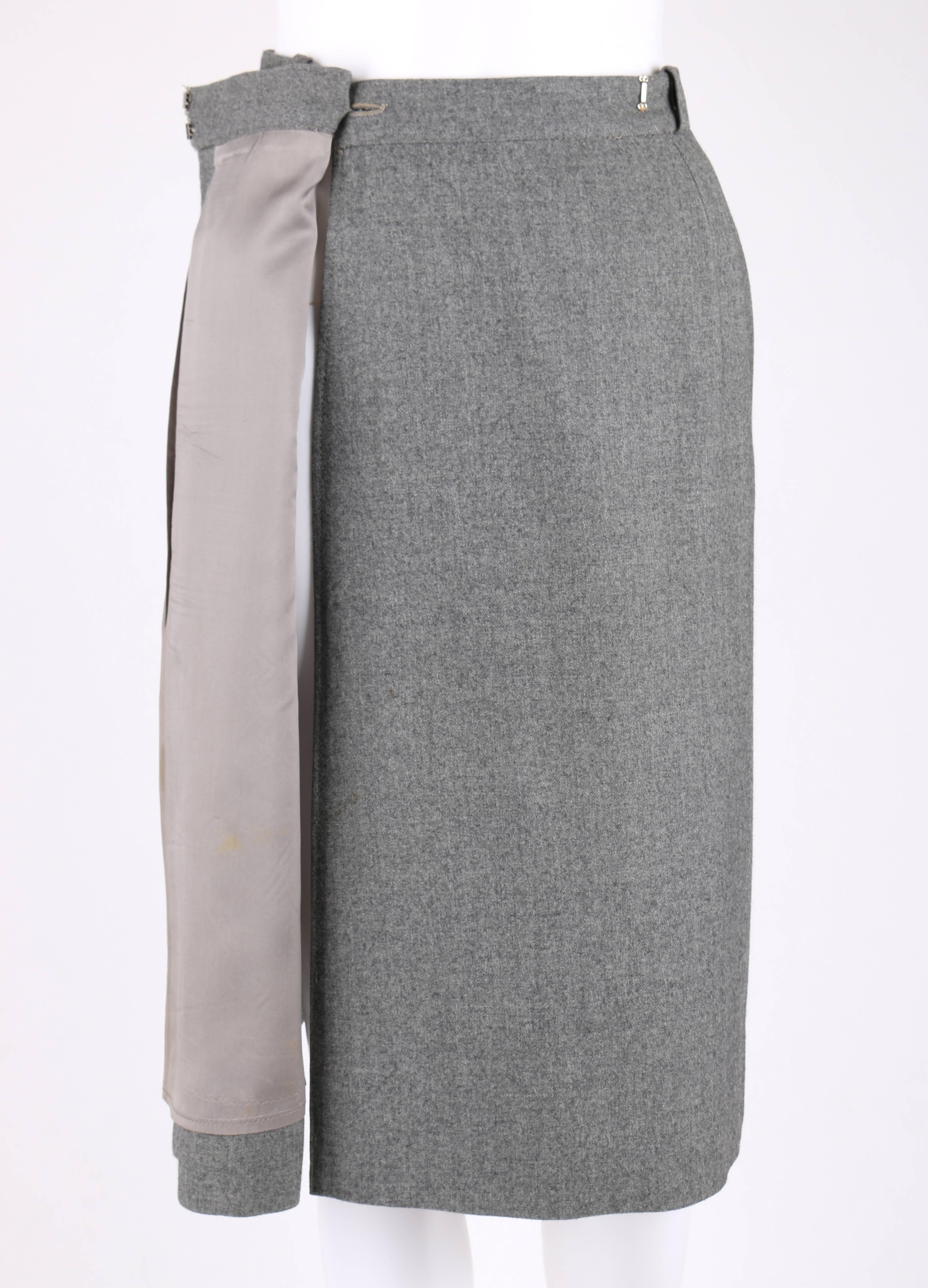 GUCCI c.1970's Gray Wool Classic Wrap Skirt Brown Leather Piping Trim For Sale 2