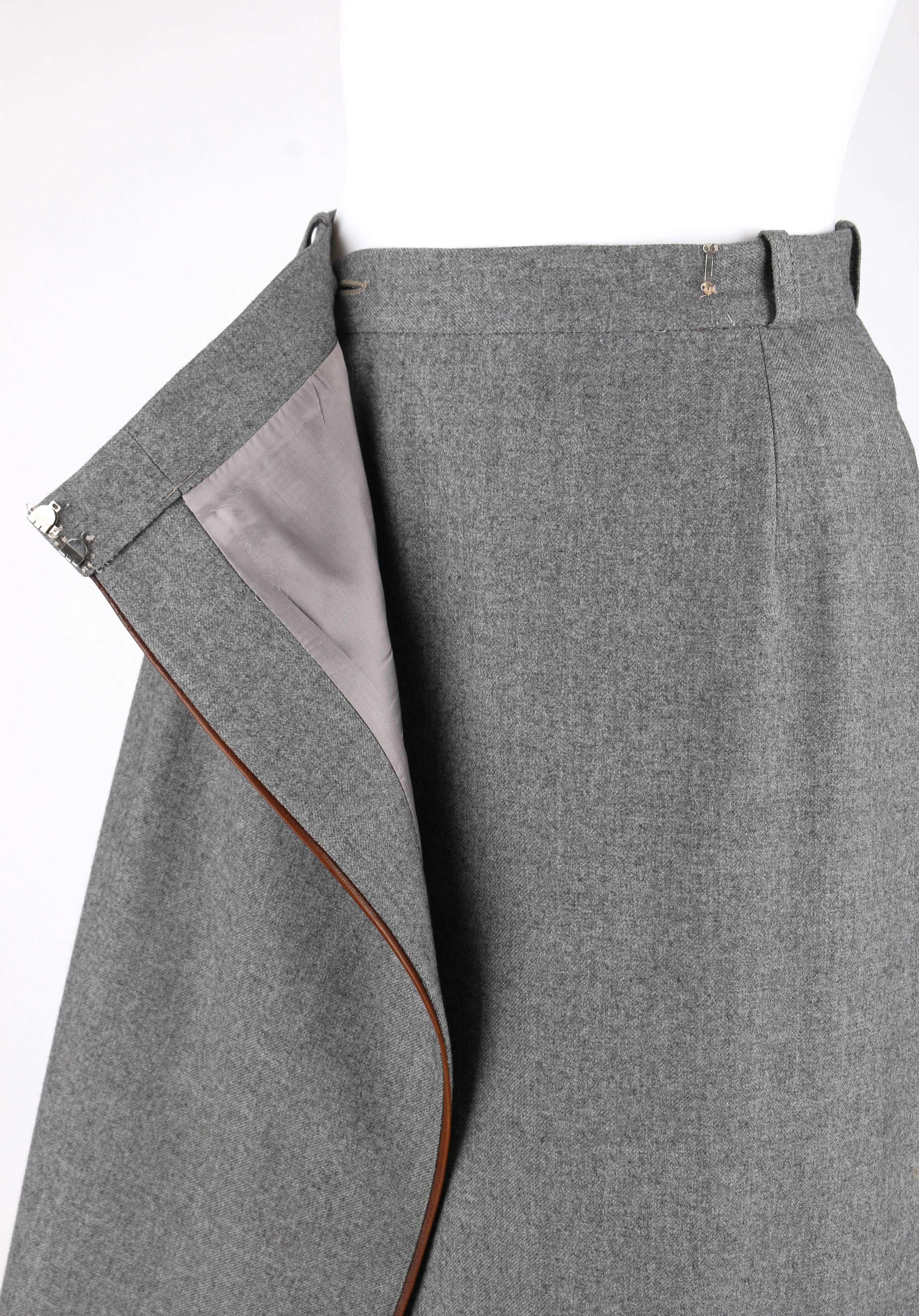 GUCCI c.1970's Gray Wool Classic Wrap Skirt Brown Leather Piping Trim For Sale 3