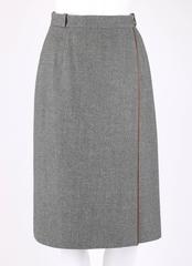 GUCCI ca. 1970er Grauer klassischer Wickelrock aus Wolle mit braunem Lederpaspelbesatz