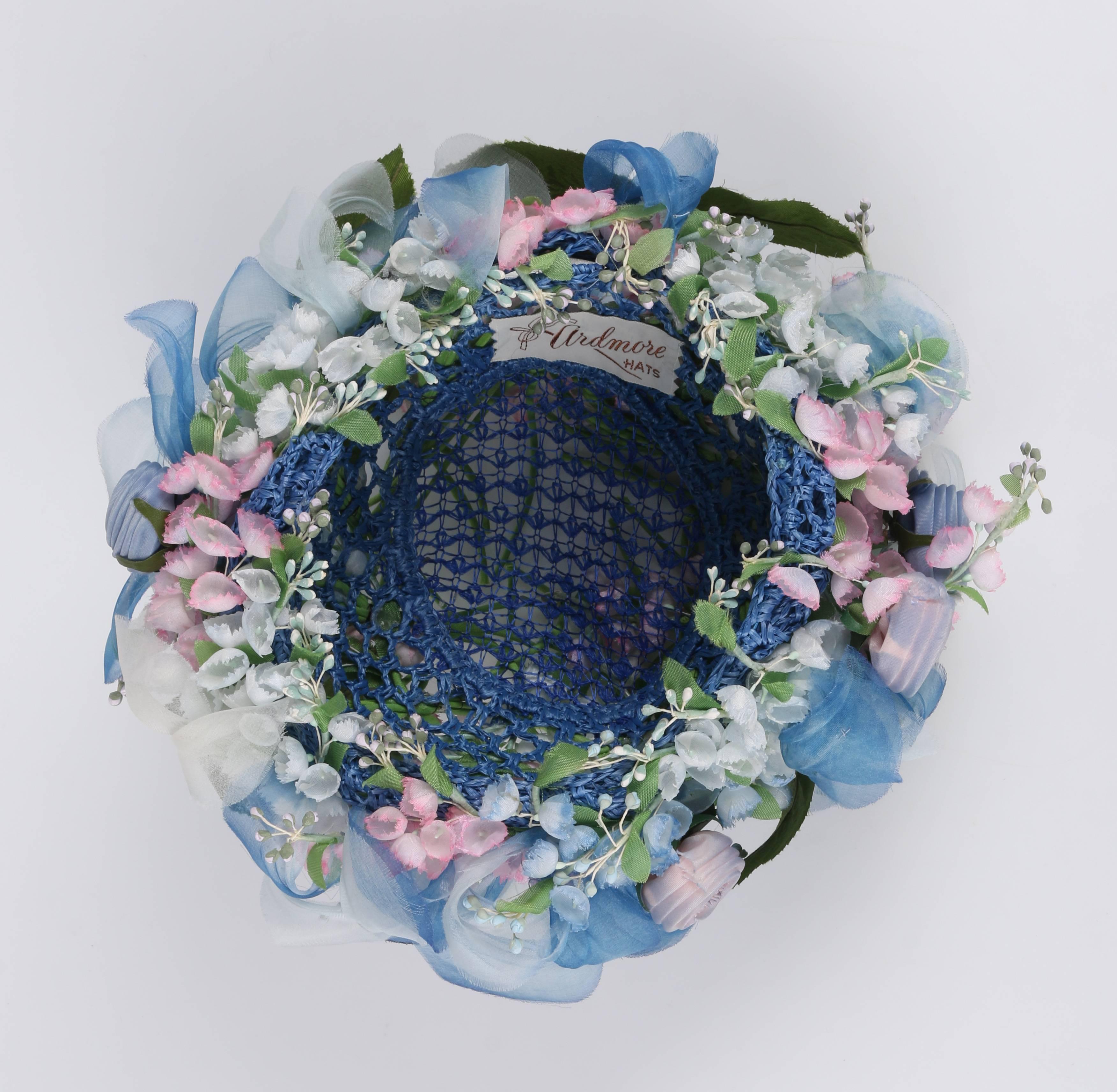 Women's Miss Dior By CHRISTIAN DIOR c.1960's Light Blue Silk Floral Capulet Flower Hat