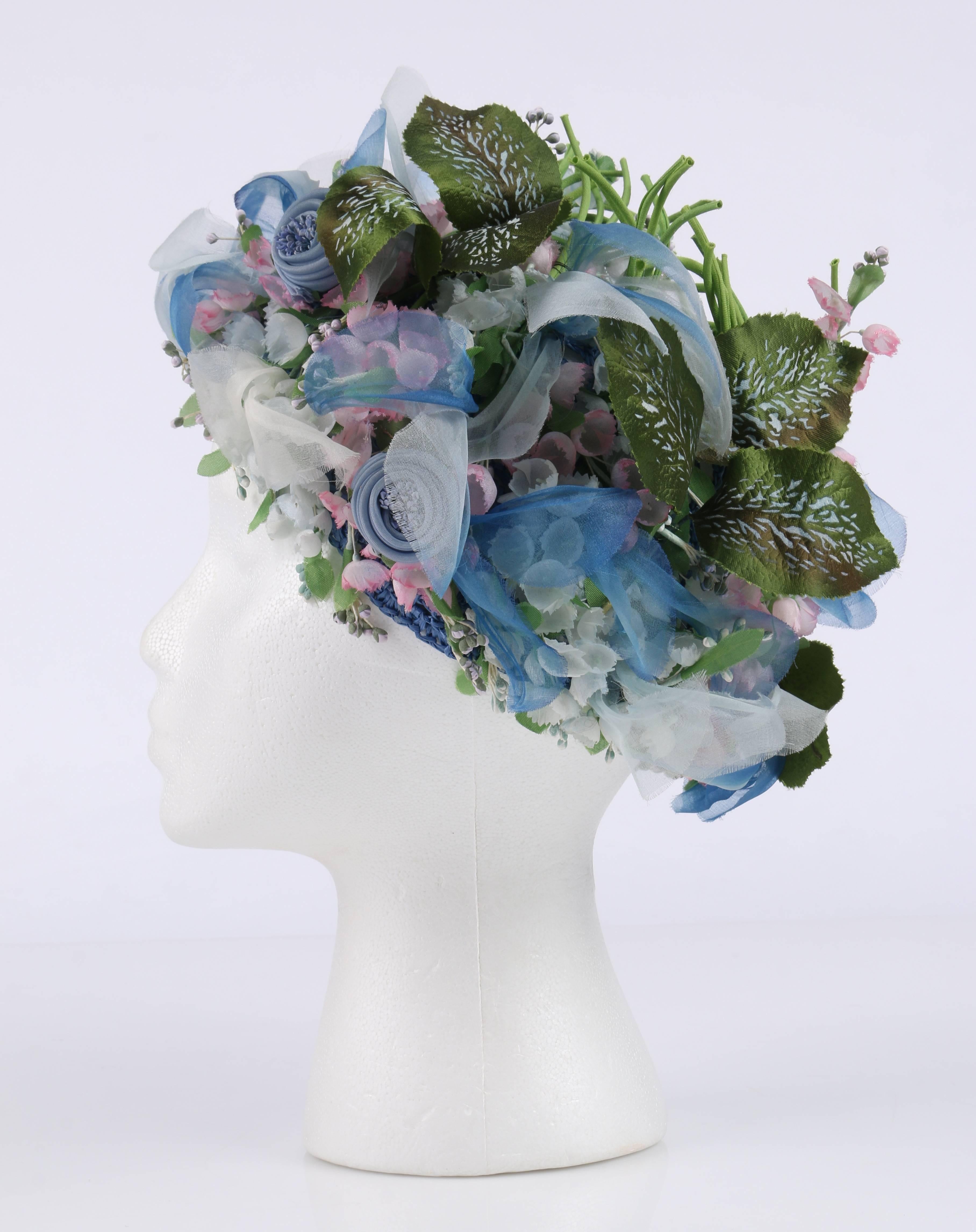 Gray Miss Dior By CHRISTIAN DIOR c.1960's Light Blue Silk Floral Capulet Flower Hat