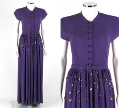COUTURE c.1940's Purple Gold Belted Sequin Embellished Evening Dress Gown