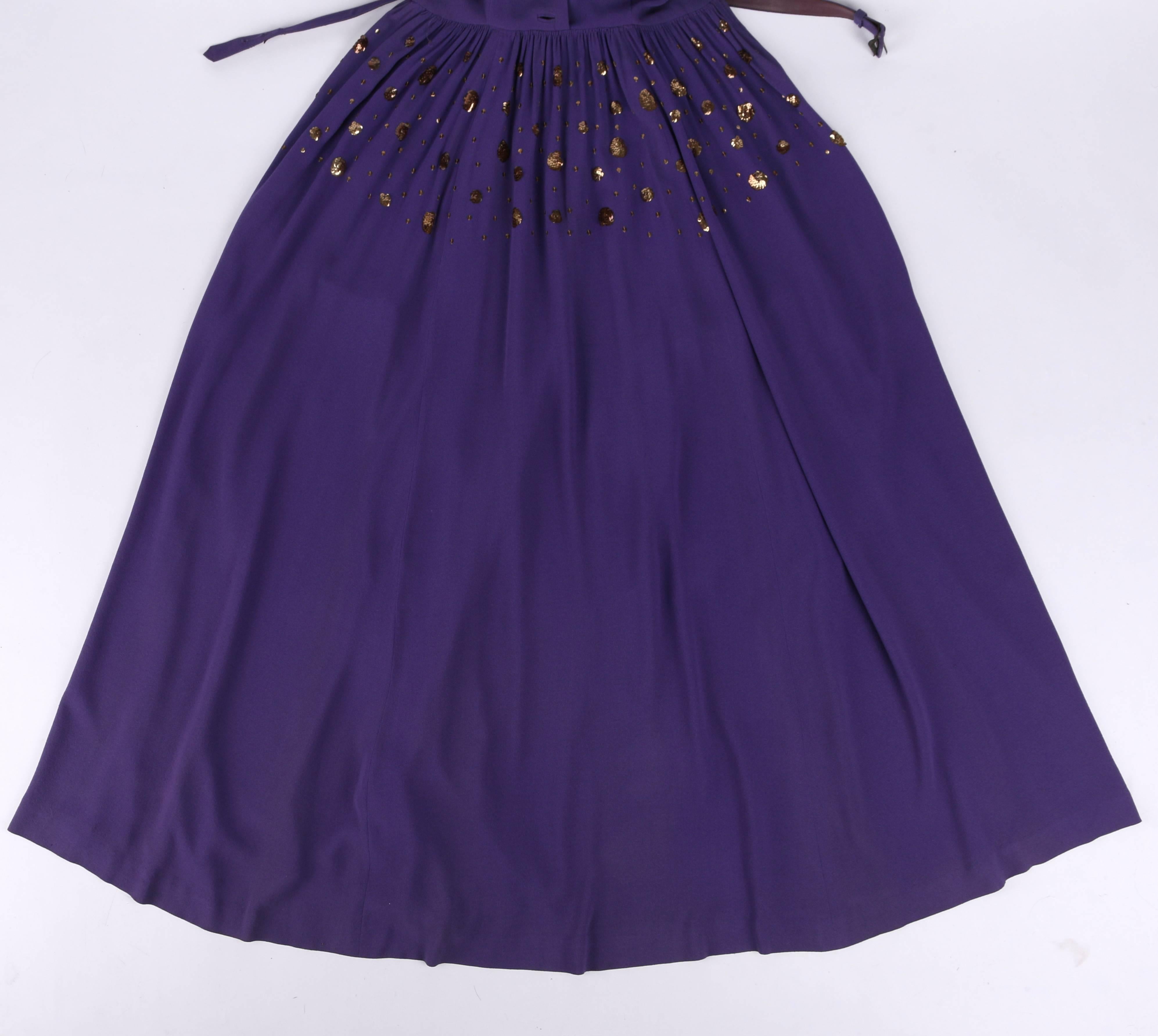 COUTURE c.1940's Purple Gold Belted Sequin Embellished Evening Dress Gown In Excellent Condition For Sale In Thiensville, WI