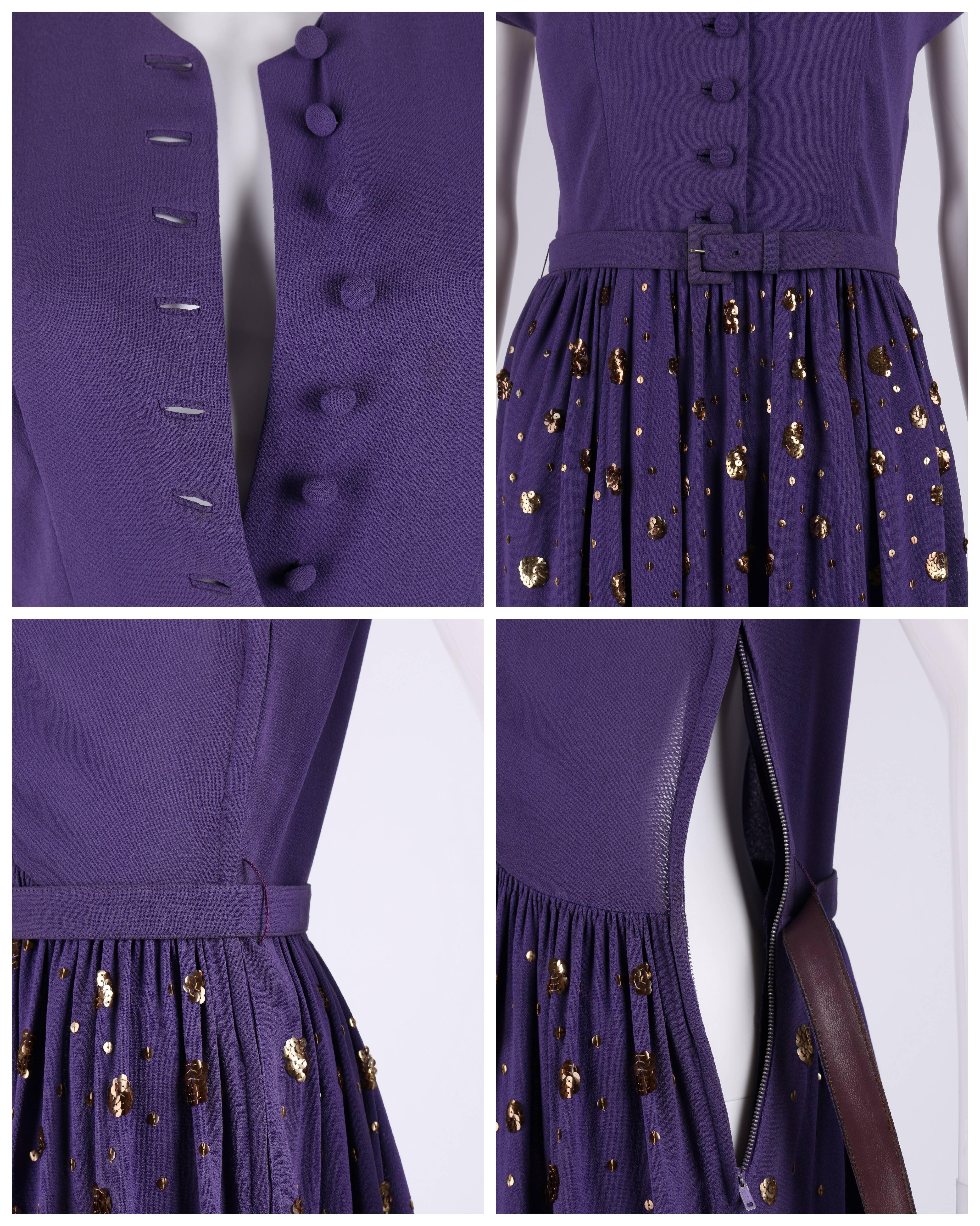 Women's COUTURE c.1940's Purple Gold Belted Sequin Embellished Evening Dress Gown For Sale