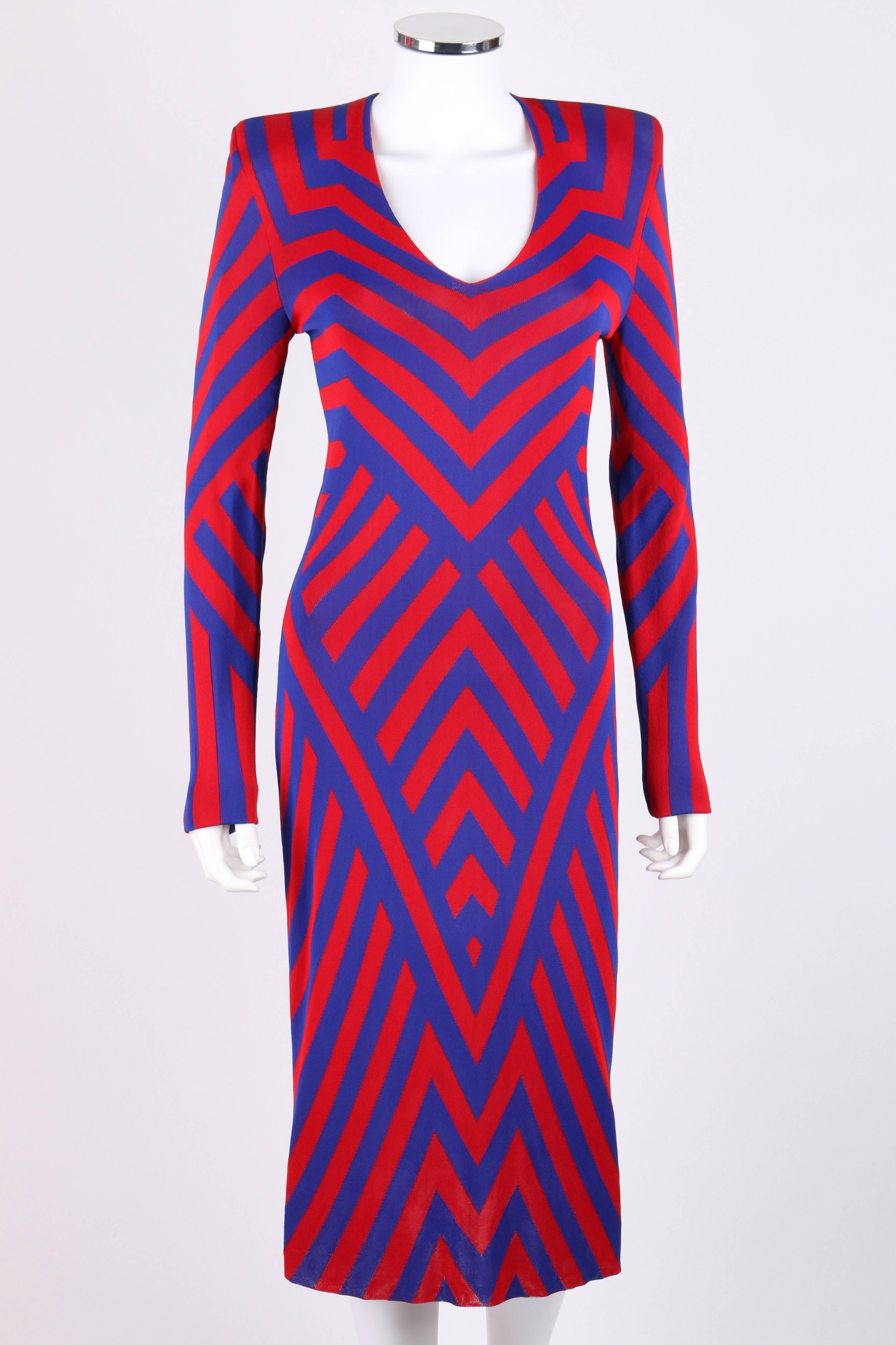 Alexander McQueen Resort 2010 knit sheath dress. Runway look #2. Red and blue chevron op art pattern knit. Long sleeves. U-neckline. Pull over style. Unlined. Shoulder pads. Marked Fabric Content: 