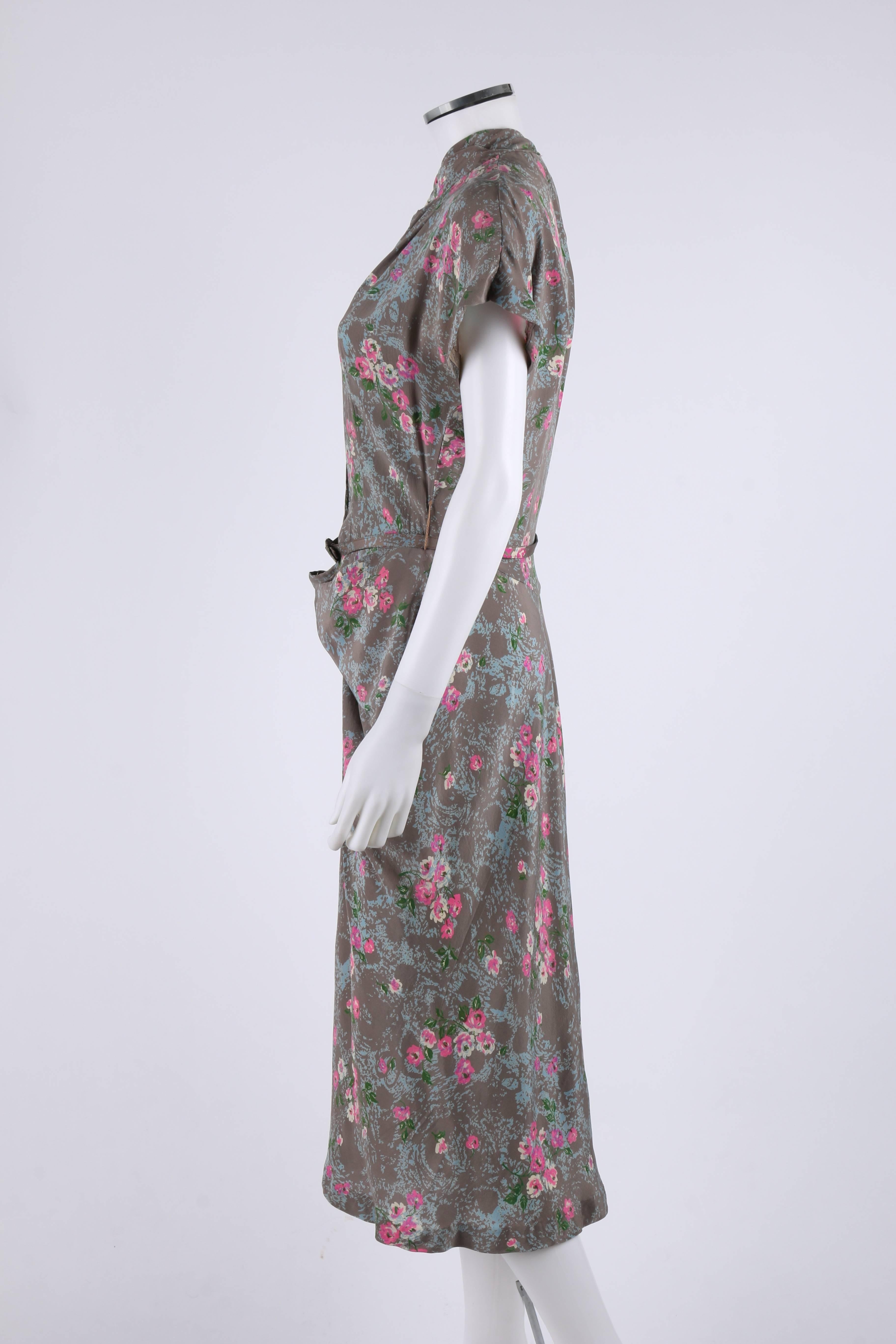 COUTURE c.1940's Gray Floral Print Silk Belted Front Bustle Draped Day Dress For Sale 1