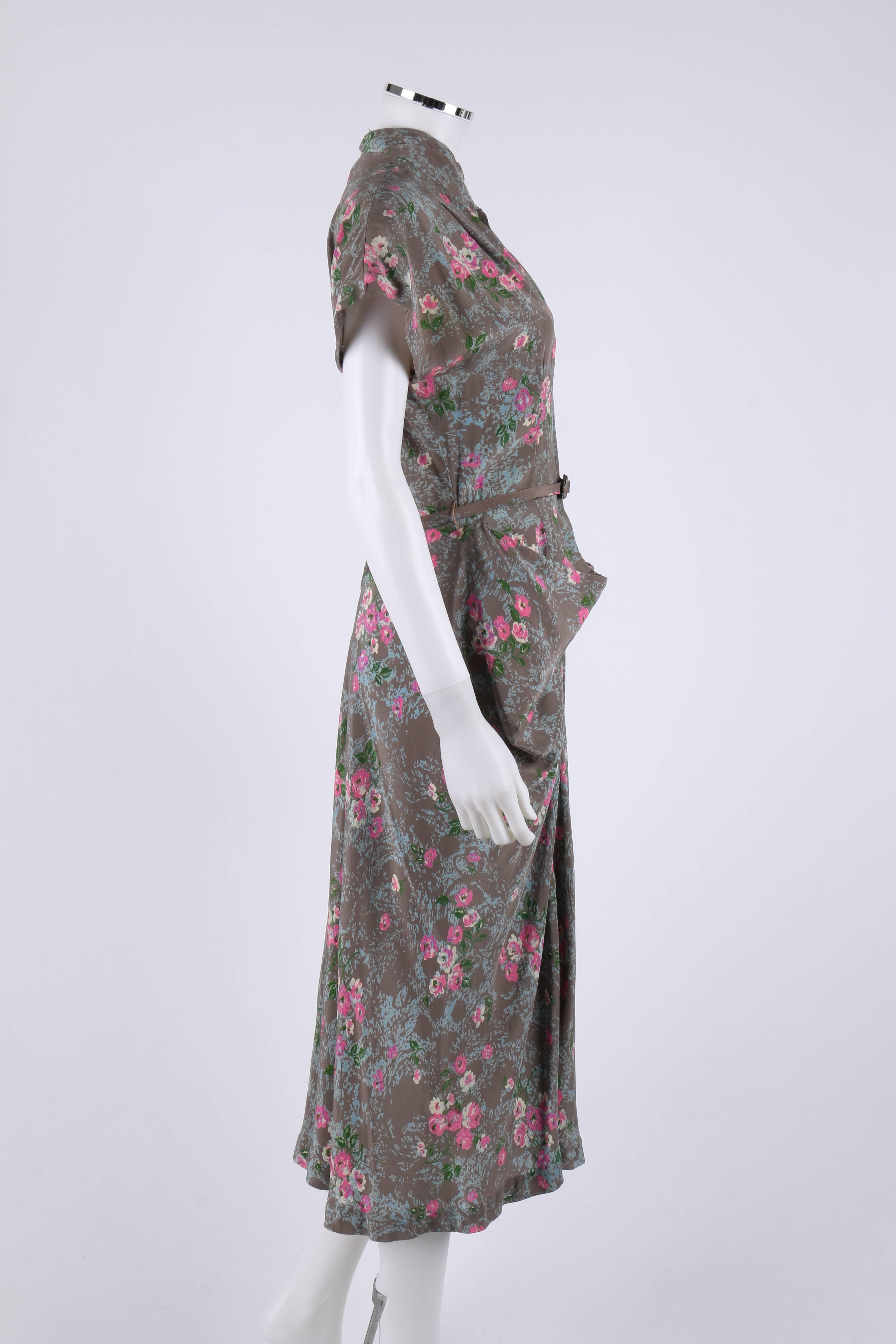 COUTURE c.1940's Gray Floral Print Silk Belted Front Bustle Draped Day Dress In Good Condition For Sale In Thiensville, WI