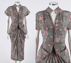 COUTURE c.1940's Gray Floral Print Silk Belted Front Bustle Draped Day Dress