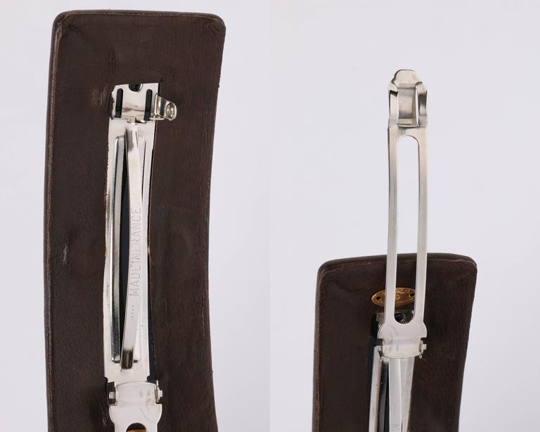 CHANEL Brown Leather Gold CC Logo French Classic Hair Clip Barrette For