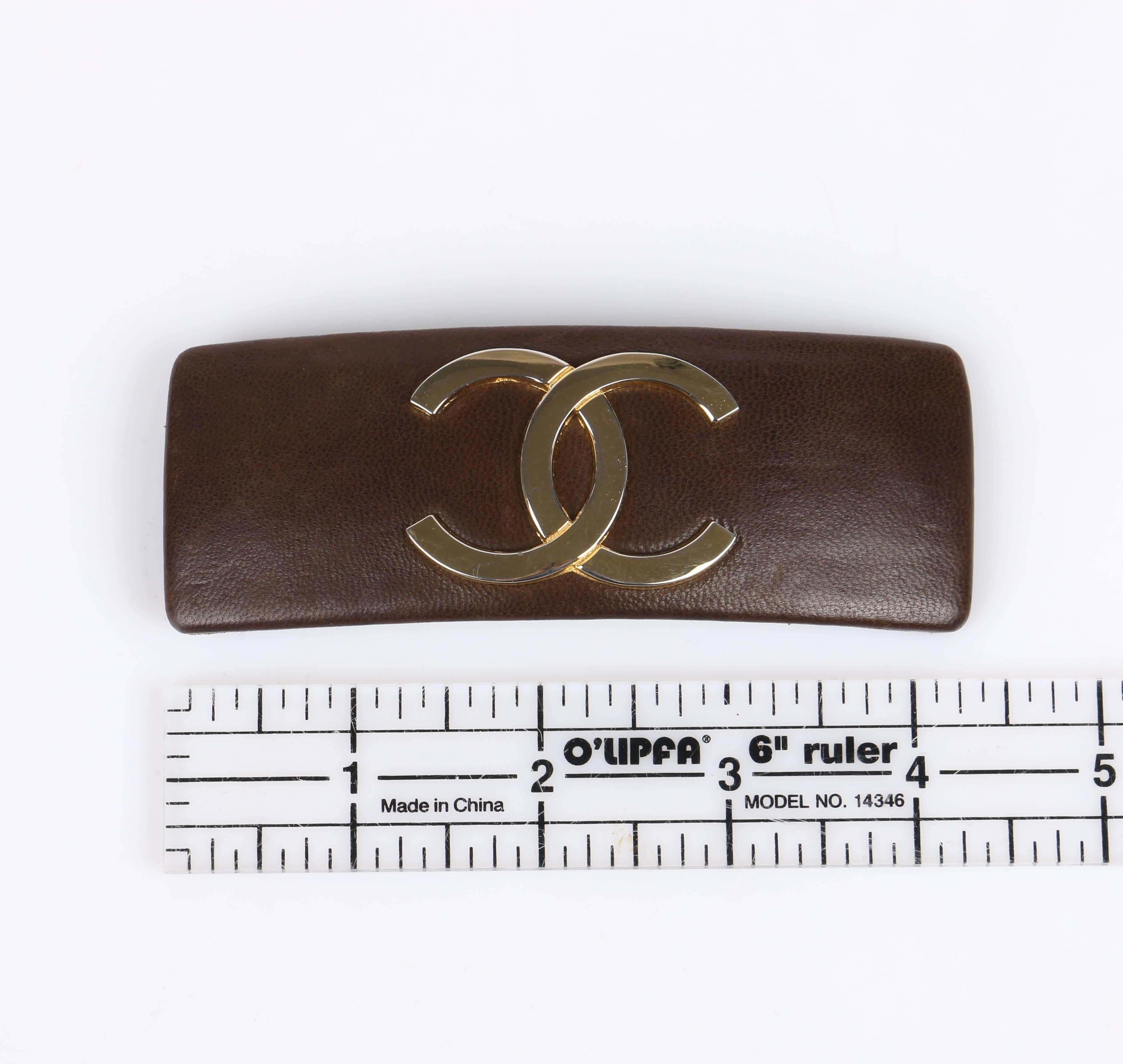CHANEL Brown Leather Gold CC Logo French Classic Hair Clip Barrette 1
